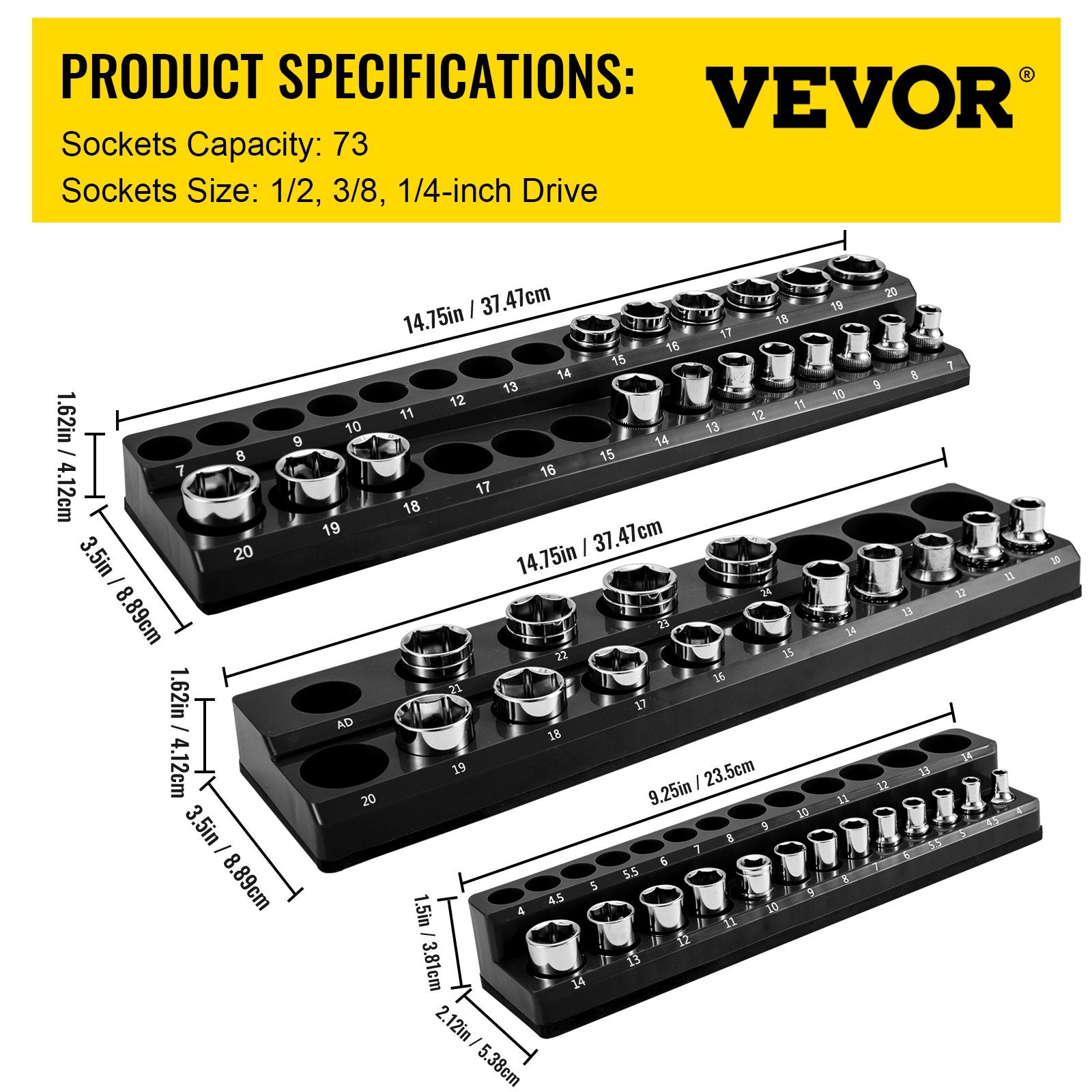 VEVOR 3-Pack Metric Magnetic Socket Organizers, 1/2-inch, 3/8-inch, 1/4-inch Drive Socket Holders Hold 75 Sockets, Black Tool Box Organizer for Sockets Storage 