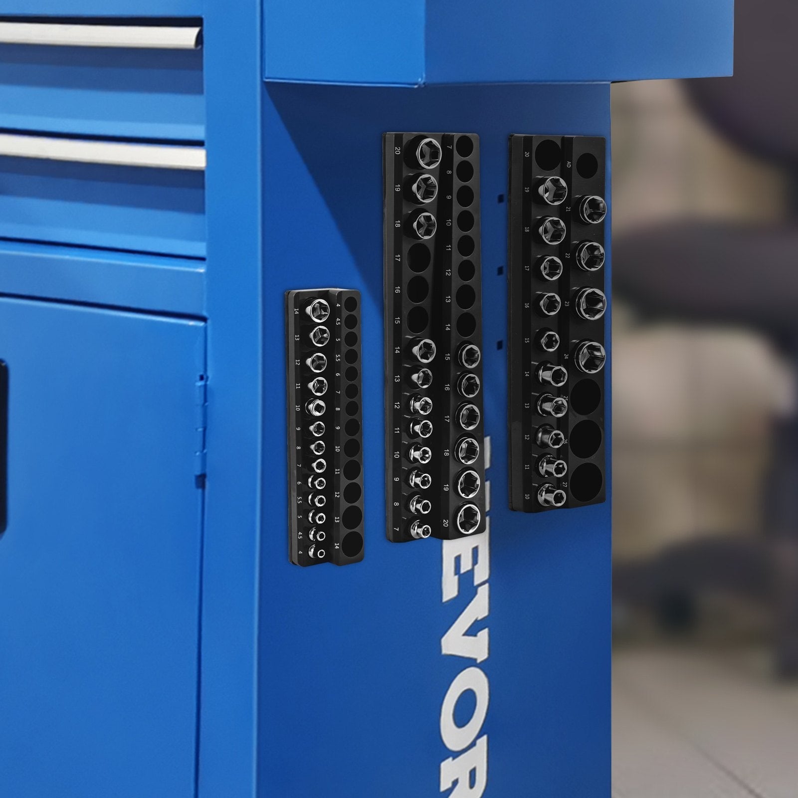 VEVOR 3-Pack Metric Magnetic Socket Organizers, 1/2-inch, 3/8-inch, 1/4-inch Drive Socket Holders Hold 75 Sockets, Black Tool Box Organizer for Sockets Storage 