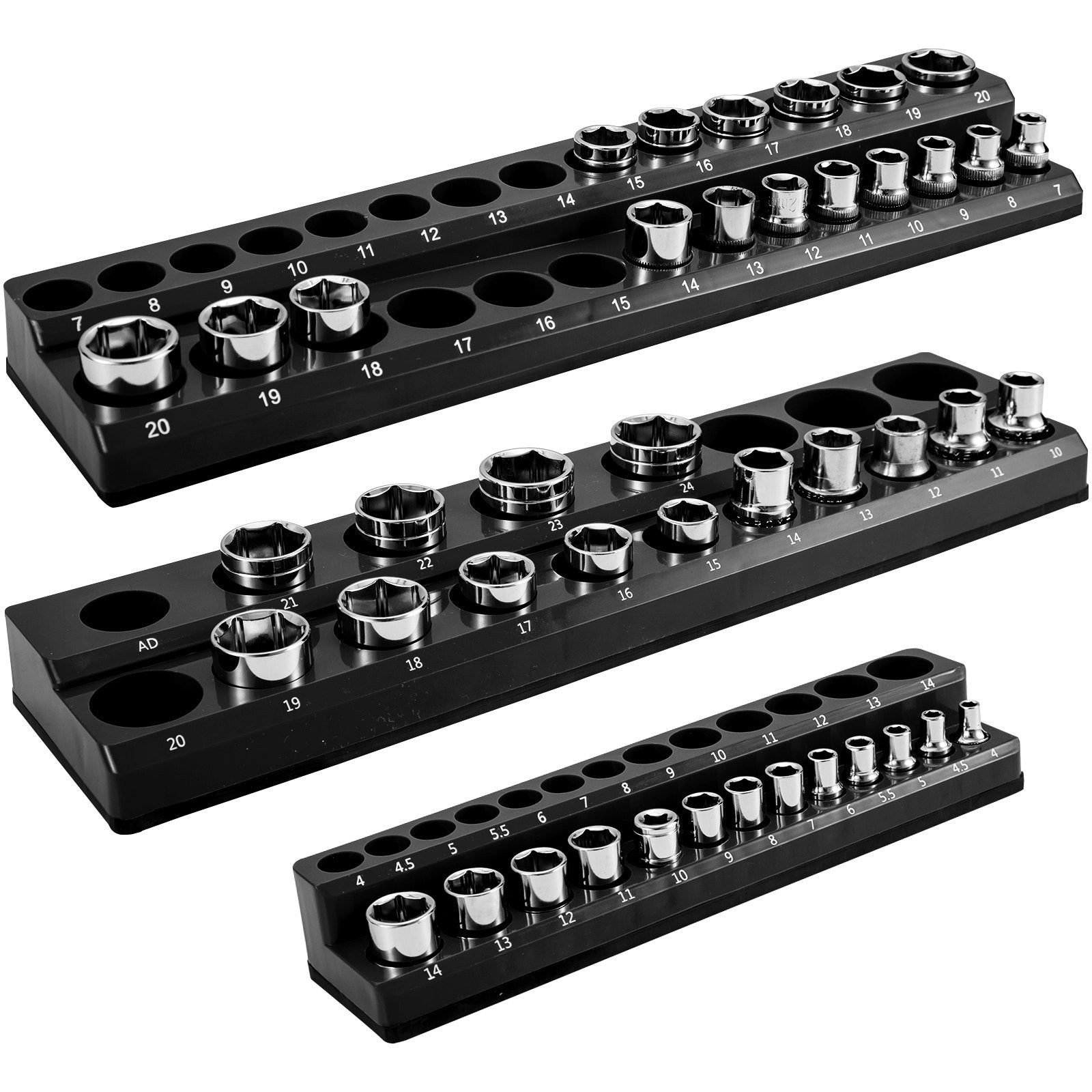 VEVOR 3-Pack Metric Magnetic Socket Organizers, 1/2-inch, 3/8-inch, 1/4-inch Drive Socket Holders Hold 75 Sockets, Black Tool Box Organizer for Sockets Storage 