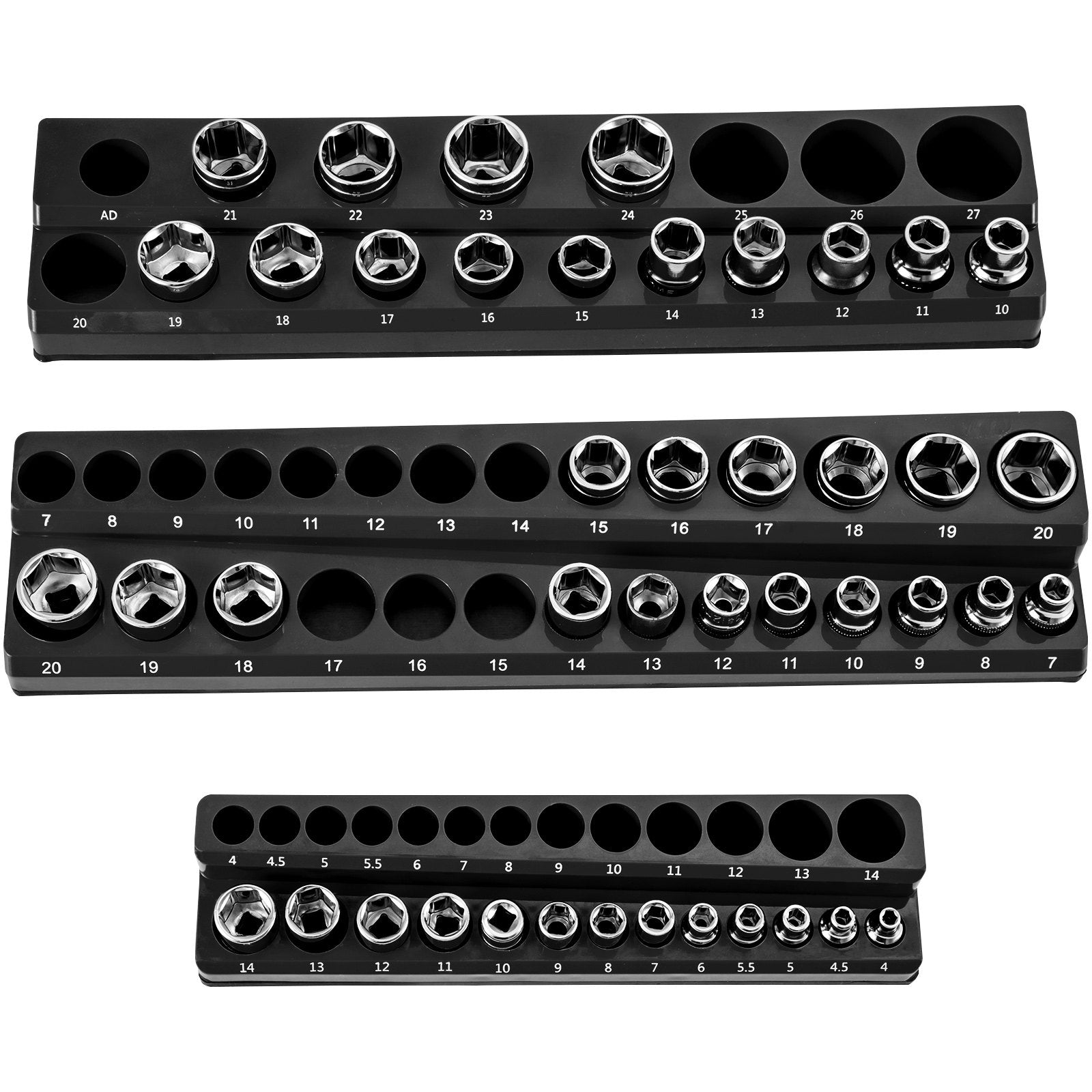 VEVOR 3-Pack Metric Magnetic Socket Organizers, 1/2-inch, 3/8-inch, 1/4-inch Drive Socket Holders Hold 75 Sockets, Black Tool Box Organizer for Sockets Storage 