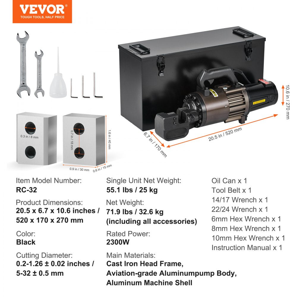 VEVOR 2300W Electric Hydraulic Rebar Cutter Cutting up to 1.26 Inch 5-32mm 