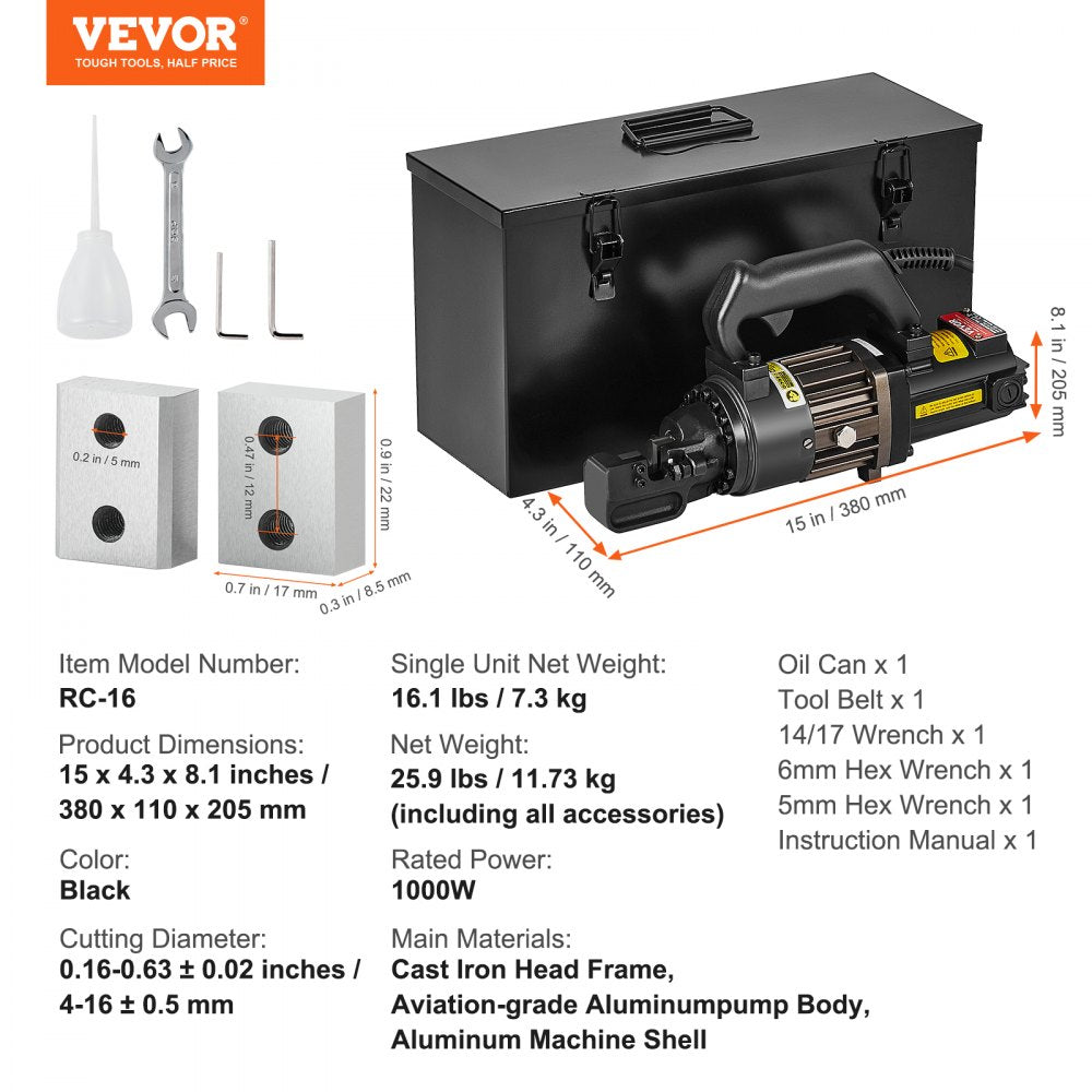 VEVOR 1000W Electric Hydraulic Rebar Cutter Cutting up to 5/8 Inch 4-16mm #5 