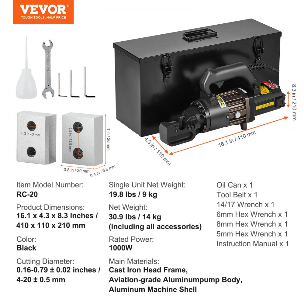 VEVOR 1000W Electric Hydraulic Rebar Cutter Cutting up to 3/4 Inch #6 4-20mm 