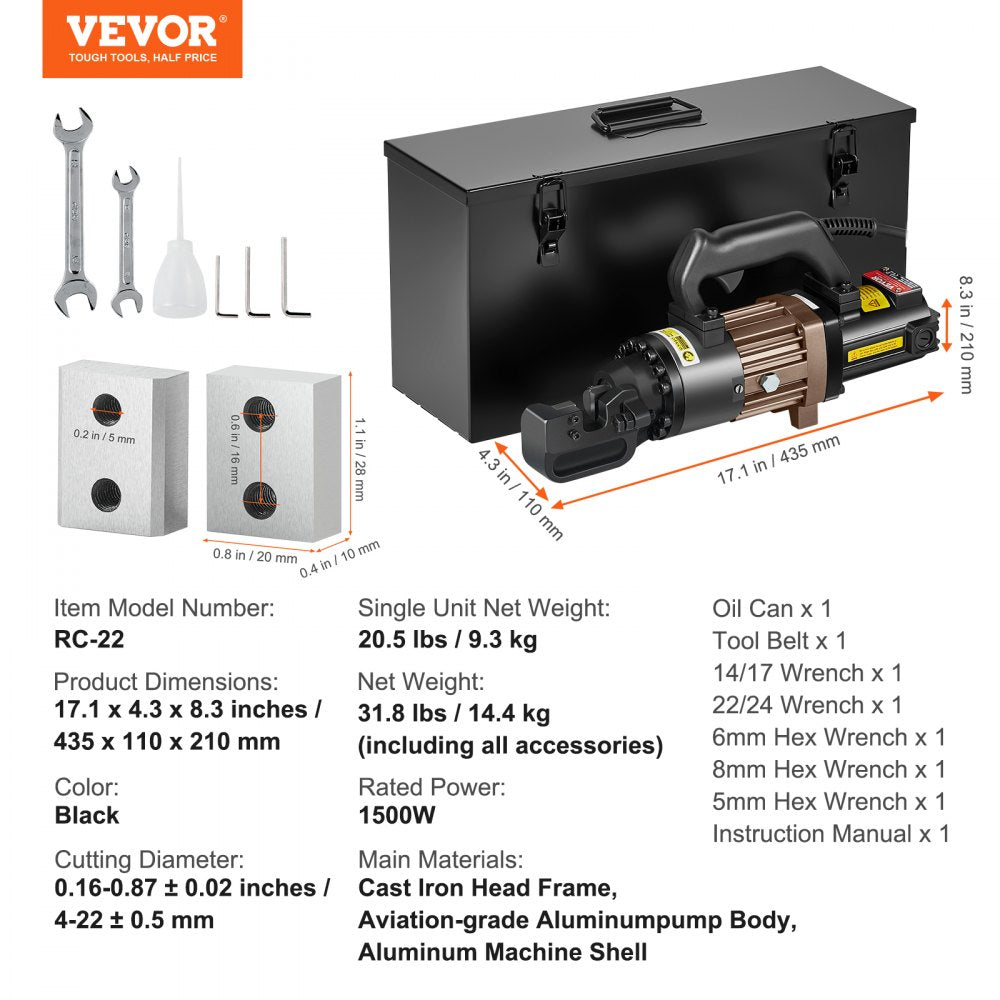VEVOR 1500W Electric Hydraulic Rebar Cutter Cutting up to 7/8 Inch #7 4-22mm 