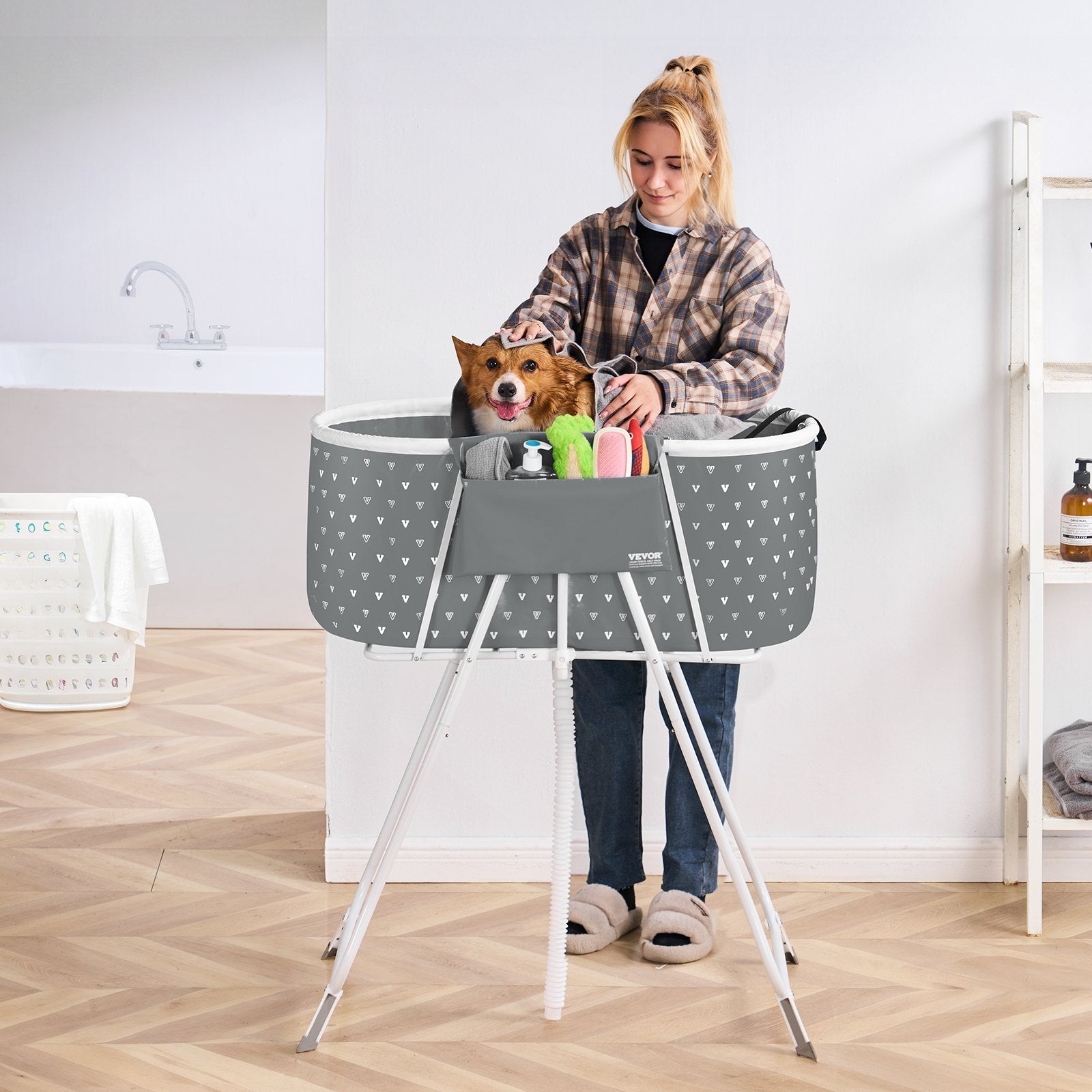 VEVOR Foldable Dog Bathtub Elevated Grey Shower Station for Small & Medium Pets 