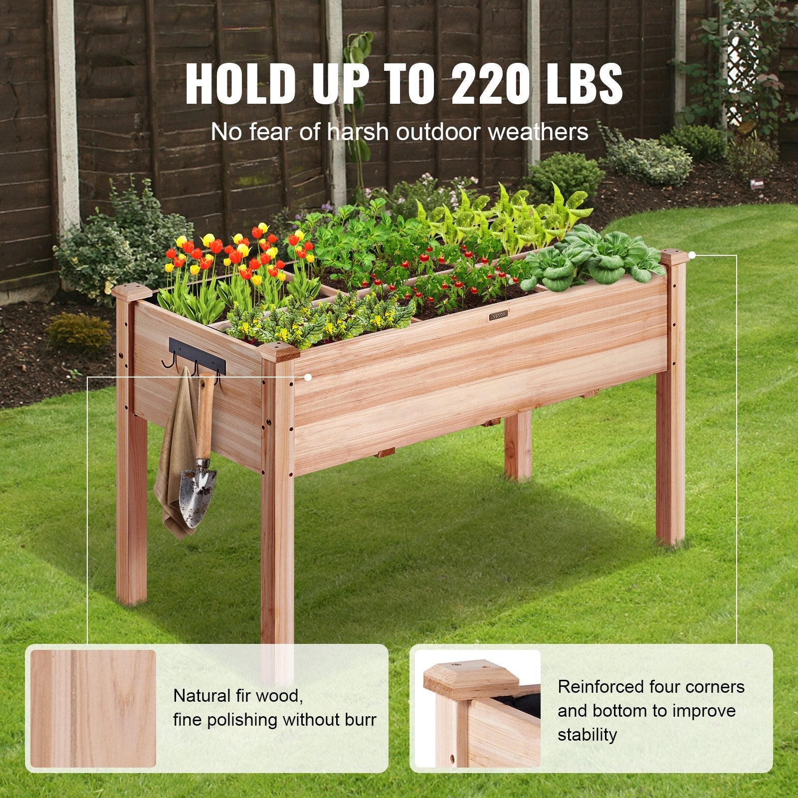 VEVOR Raised Garden Bed, 47.2 x 22.8 x 30 inch Wooden Planter Box, Elevated Outdoor Planting Boxes with Legs, for Growing Flowers/Vegetables/Herbs in Backyard/Garden/Patio/Balcony, Burlywood 