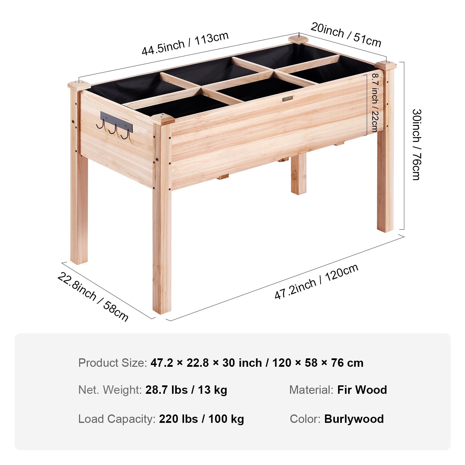 VEVOR Raised Garden Bed, 47.2 x 22.8 x 30 inch Wooden Planter Box, Elevated Outdoor Planting Boxes with Legs, for Growing Flowers/Vegetables/Herbs in Backyard/Garden/Patio/Balcony, Burlywood 