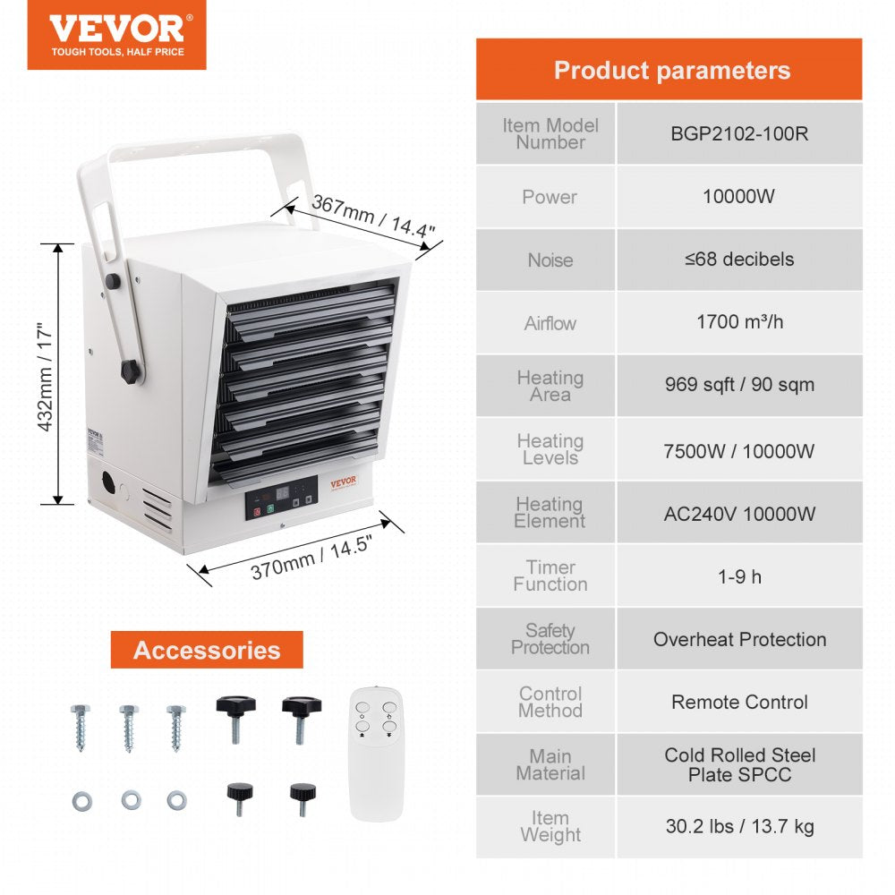 VEVOR Electric Garage Heater, 10000-Watt Digital Fan-Forced Wall/Ceiling Mount Shop Heater, with Remote Control Overheat Protection, Hardwired Heater with 9-Hour Timer, Ideal for Workshop, ETL Listed 
