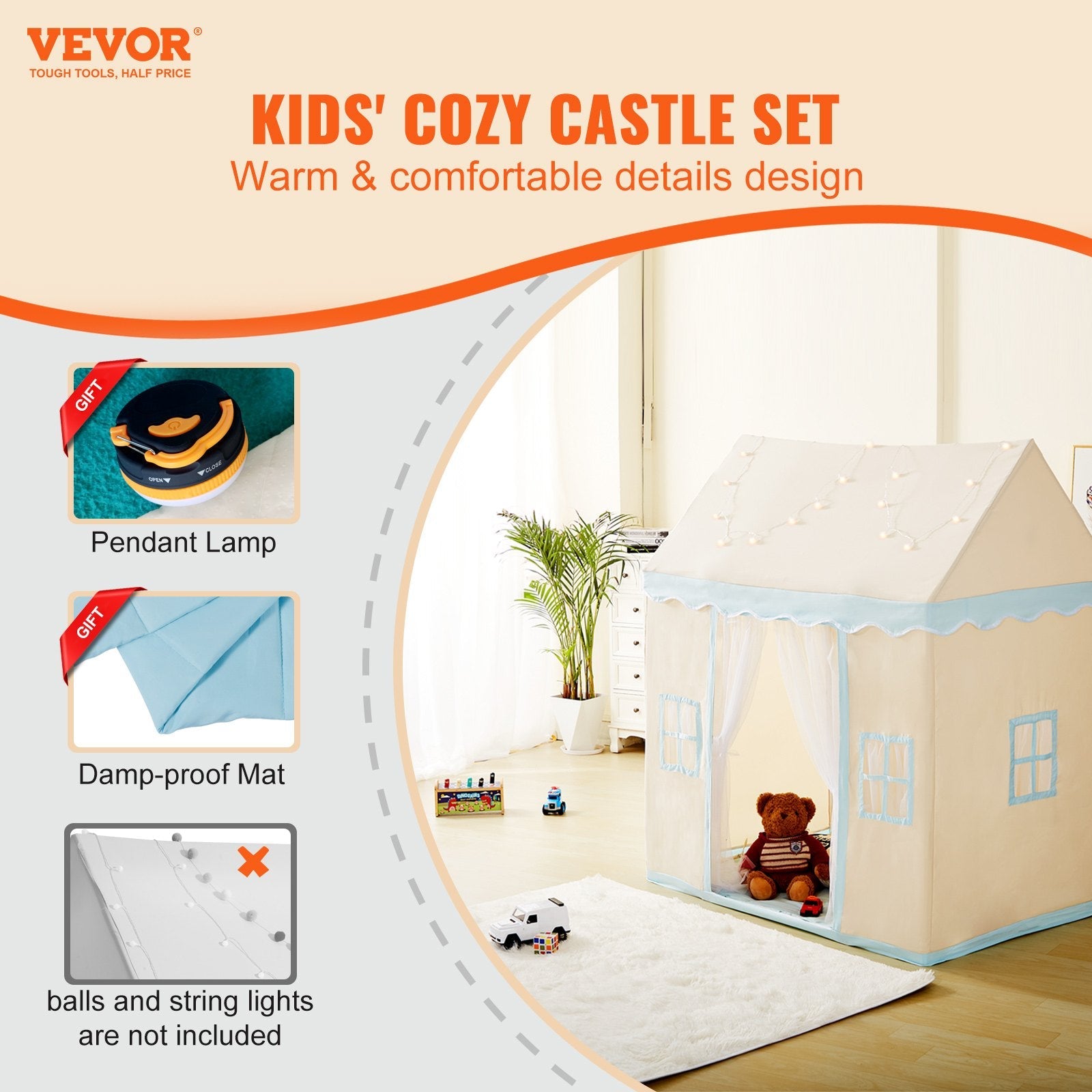 VEVOR Kids Play Tent, Kids Tent for Kids 1-5 Years Old, Toddler Tent with Mat and Tent Lamp, Tent for Kids with Windows for Indoor and Outdoor, Play House Castle Tent for Boys and Girls, Beige 