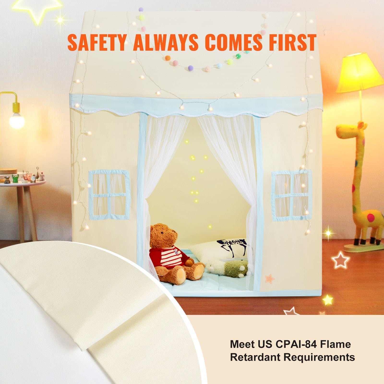 VEVOR Kids Play Tent, Kids Tent for Kids 1-5 Years Old, Toddler Tent with Mat and Tent Lamp, Tent for Kids with Windows for Indoor and Outdoor, Play House Castle Tent for Boys and Girls, Beige 