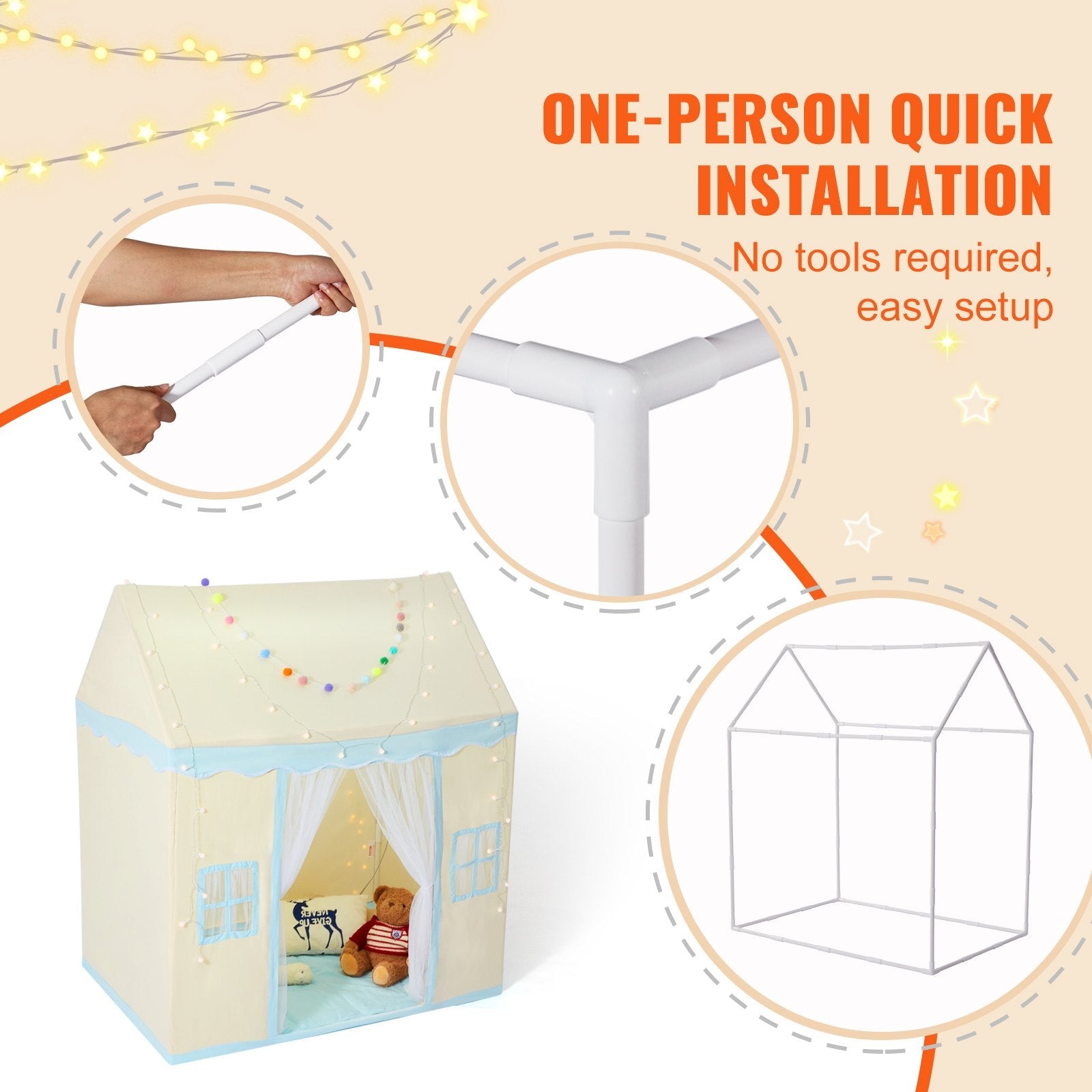 VEVOR Kids Play Tent, Kids Tent for Kids 1-5 Years Old, Toddler Tent with Mat and Tent Lamp, Tent for Kids with Windows for Indoor and Outdoor, Play House Castle Tent for Boys and Girls, Beige 