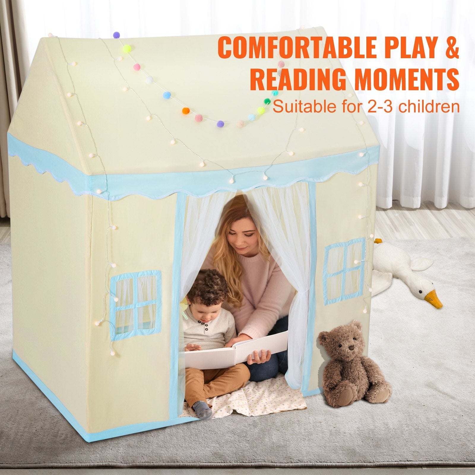 VEVOR Kids Play Tent, Kids Tent for Kids 1-5 Years Old, Toddler Tent with Mat and Tent Lamp, Tent for Kids with Windows for Indoor and Outdoor, Play House Castle Tent for Boys and Girls, Beige 
