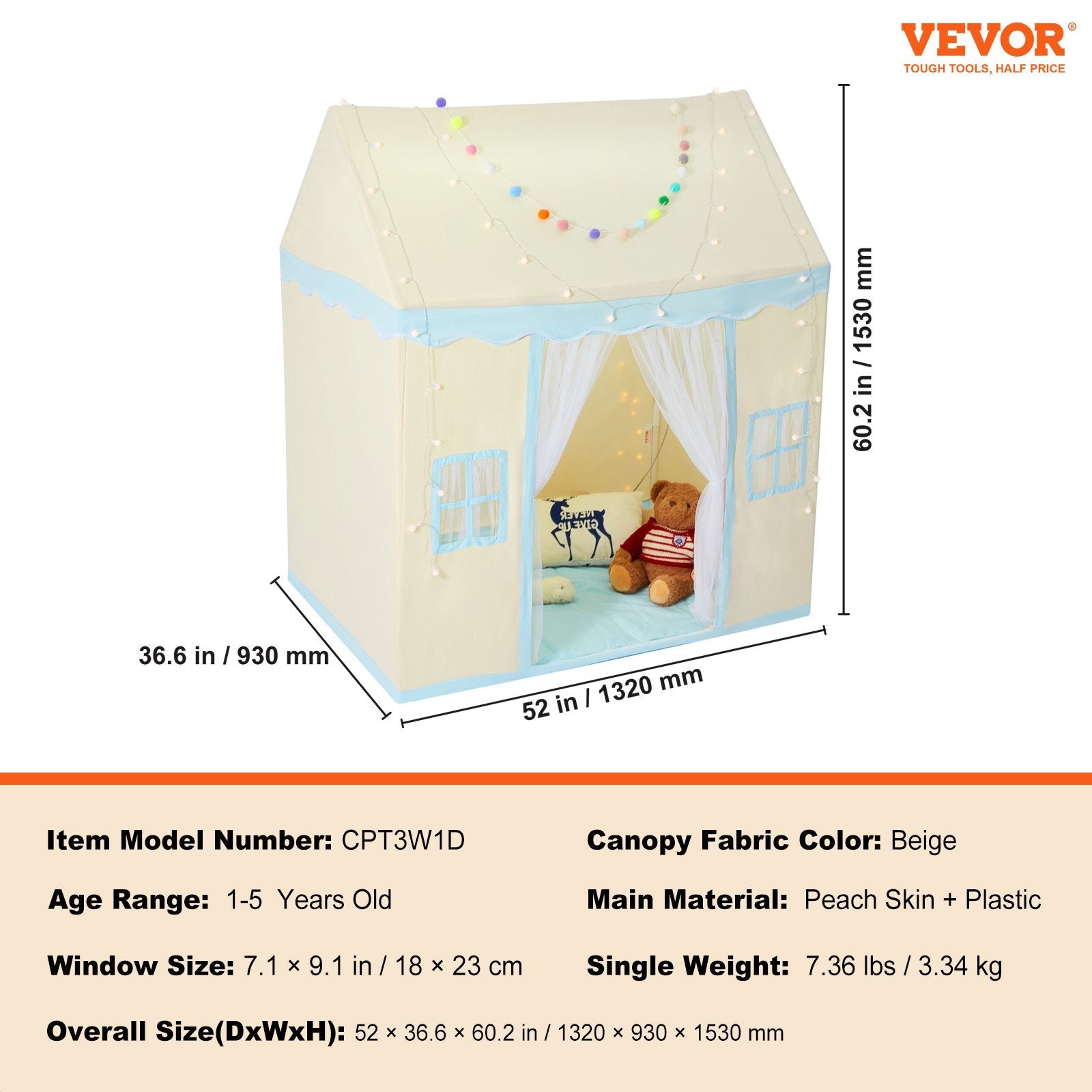 VEVOR Kids Play Tent, Kids Tent for Kids 1-5 Years Old, Toddler Tent with Mat and Tent Lamp, Tent for Kids with Windows for Indoor and Outdoor, Play House Castle Tent for Boys and Girls, Beige 