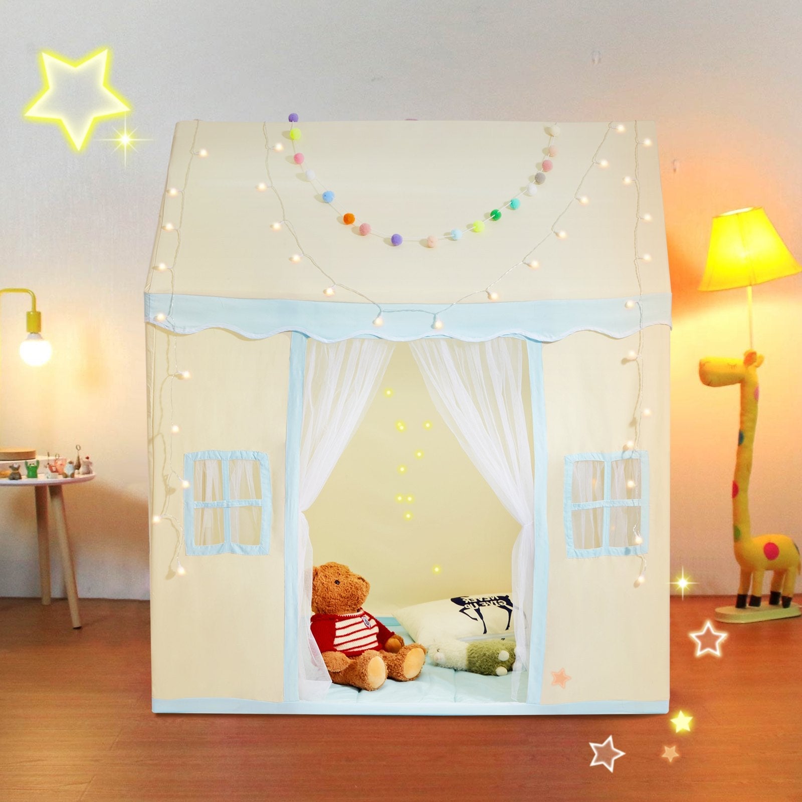 VEVOR Kids Play Tent, Kids Tent for Kids 1-5 Years Old, Toddler Tent with Mat and Tent Lamp, Tent for Kids with Windows for Indoor and Outdoor, Play House Castle Tent for Boys and Girls, Beige 