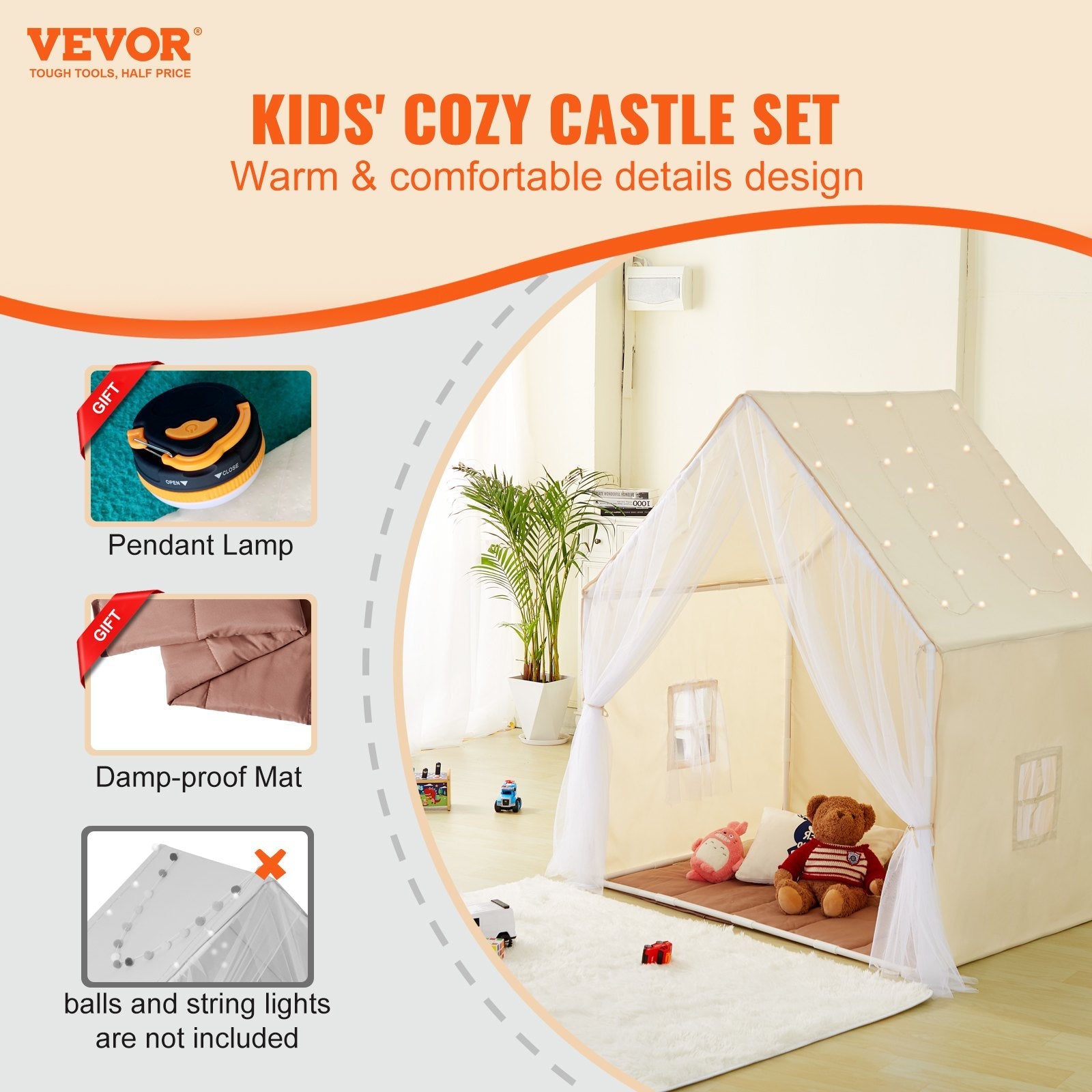 VEVOR Kids Play Tent, Kids Tent for Kids 1-5 Years Old, Toddler Tent with Mat and Tent Lamp, Tent for Kids with Windows for Indoor and Outdoor, Yurt Tent for Boys and Girls, Beige 