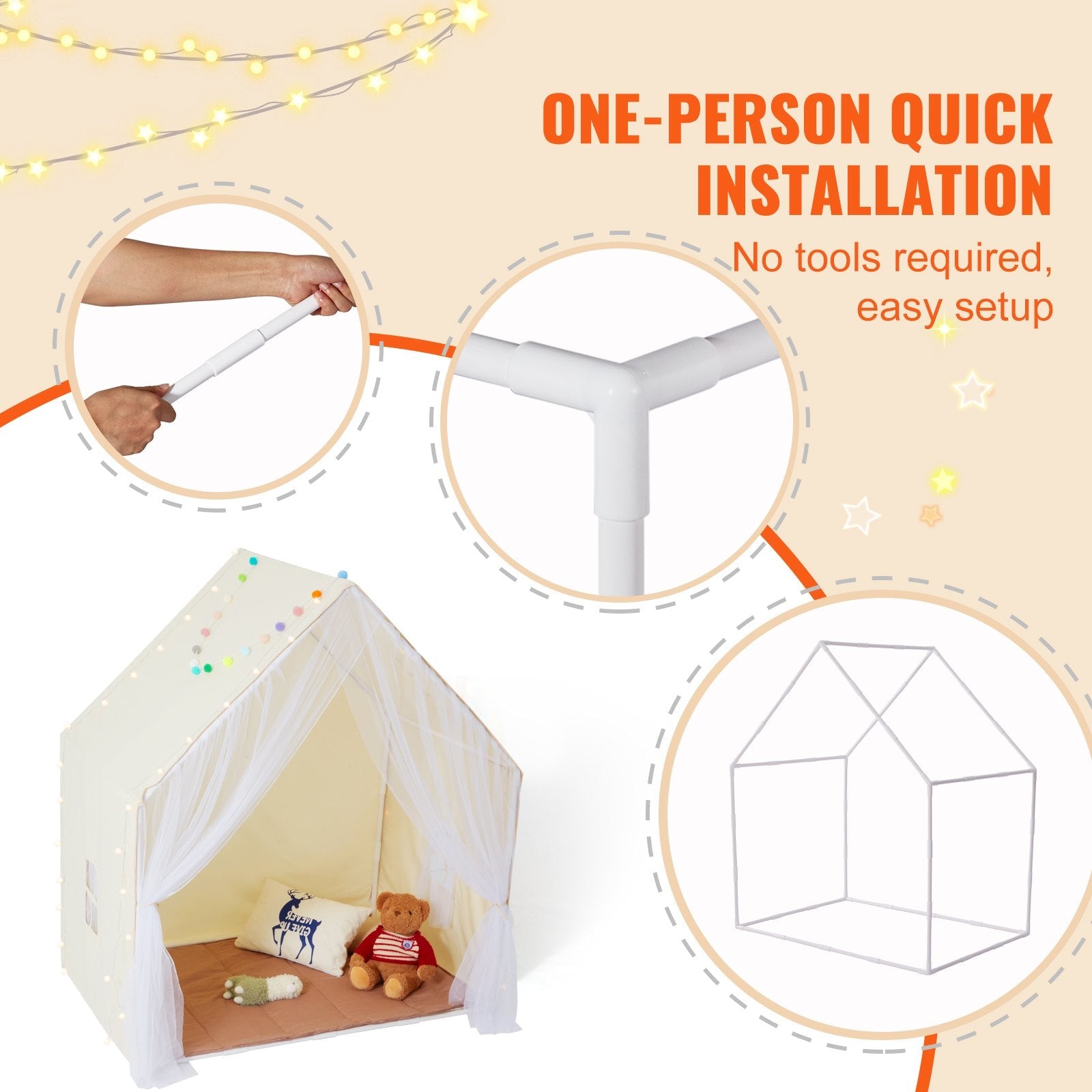 VEVOR Kids Play Tent, Kids Tent for Kids 1-5 Years Old, Toddler Tent with Mat and Tent Lamp, Tent for Kids with Windows for Indoor and Outdoor, Yurt Tent for Boys and Girls, Beige 