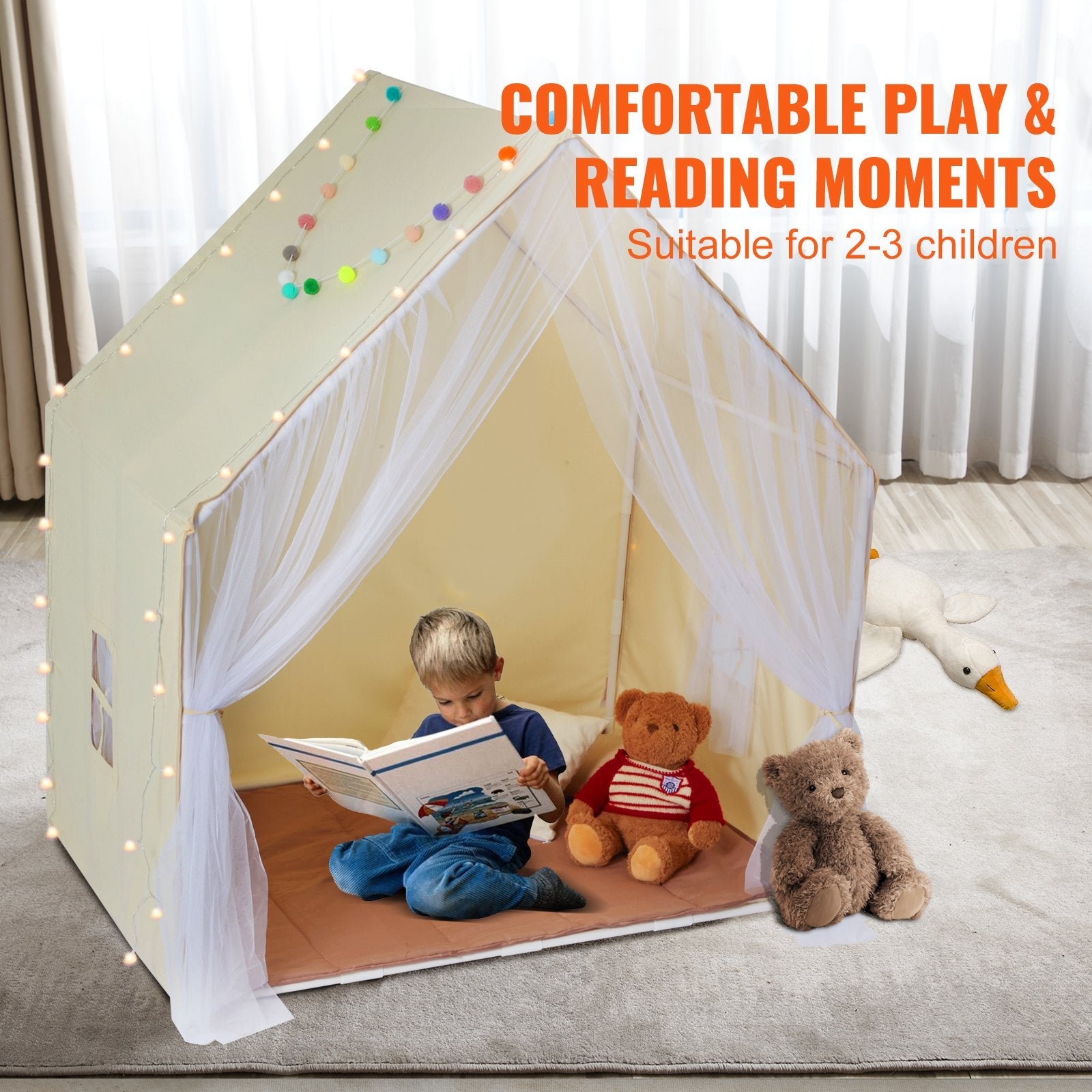 VEVOR Kids Play Tent, Kids Tent for Kids 1-5 Years Old, Toddler Tent with Mat and Tent Lamp, Tent for Kids with Windows for Indoor and Outdoor, Yurt Tent for Boys and Girls, Beige 
