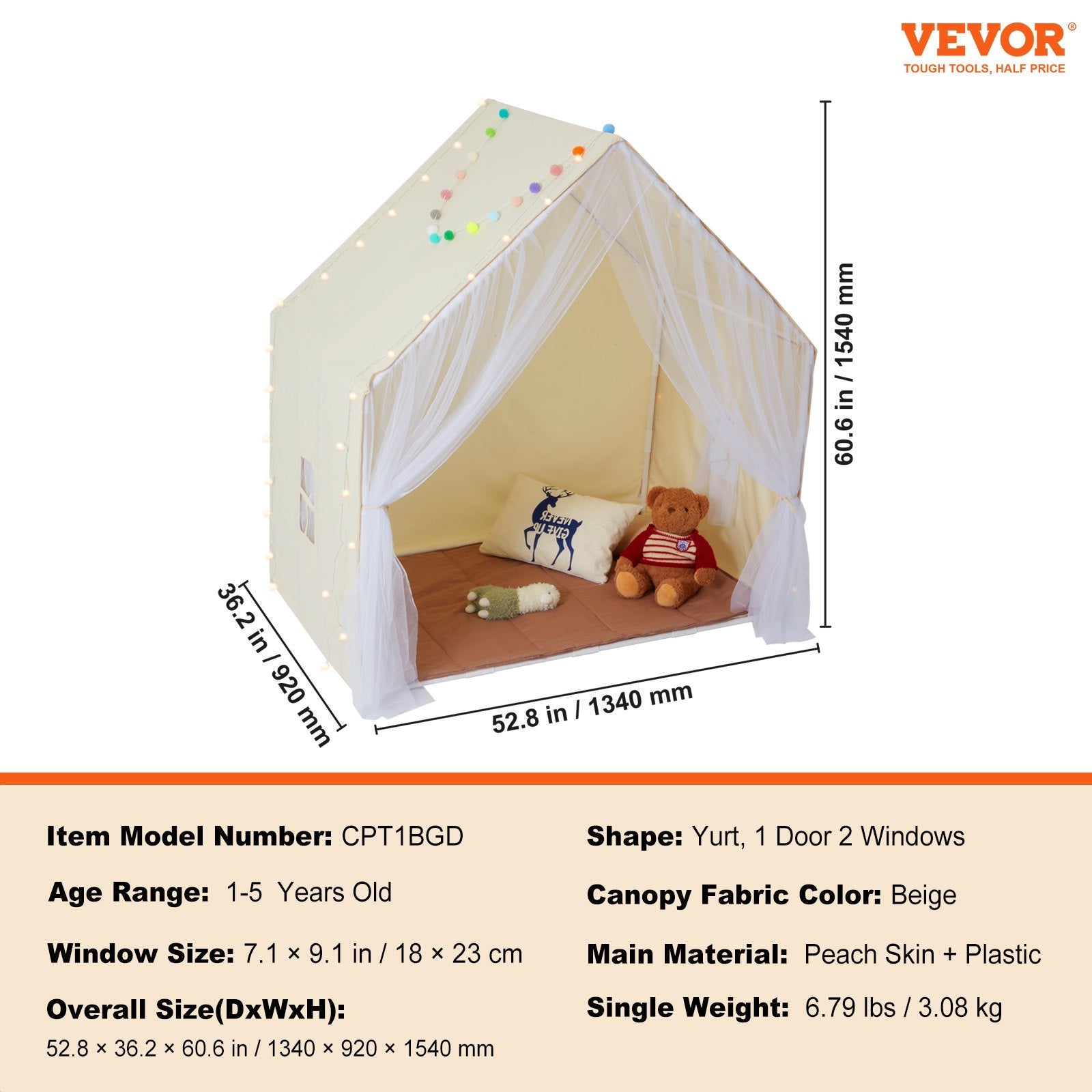 VEVOR Kids Play Tent, Kids Tent for Kids 1-5 Years Old, Toddler Tent with Mat and Tent Lamp, Tent for Kids with Windows for Indoor and Outdoor, Yurt Tent for Boys and Girls, Beige 