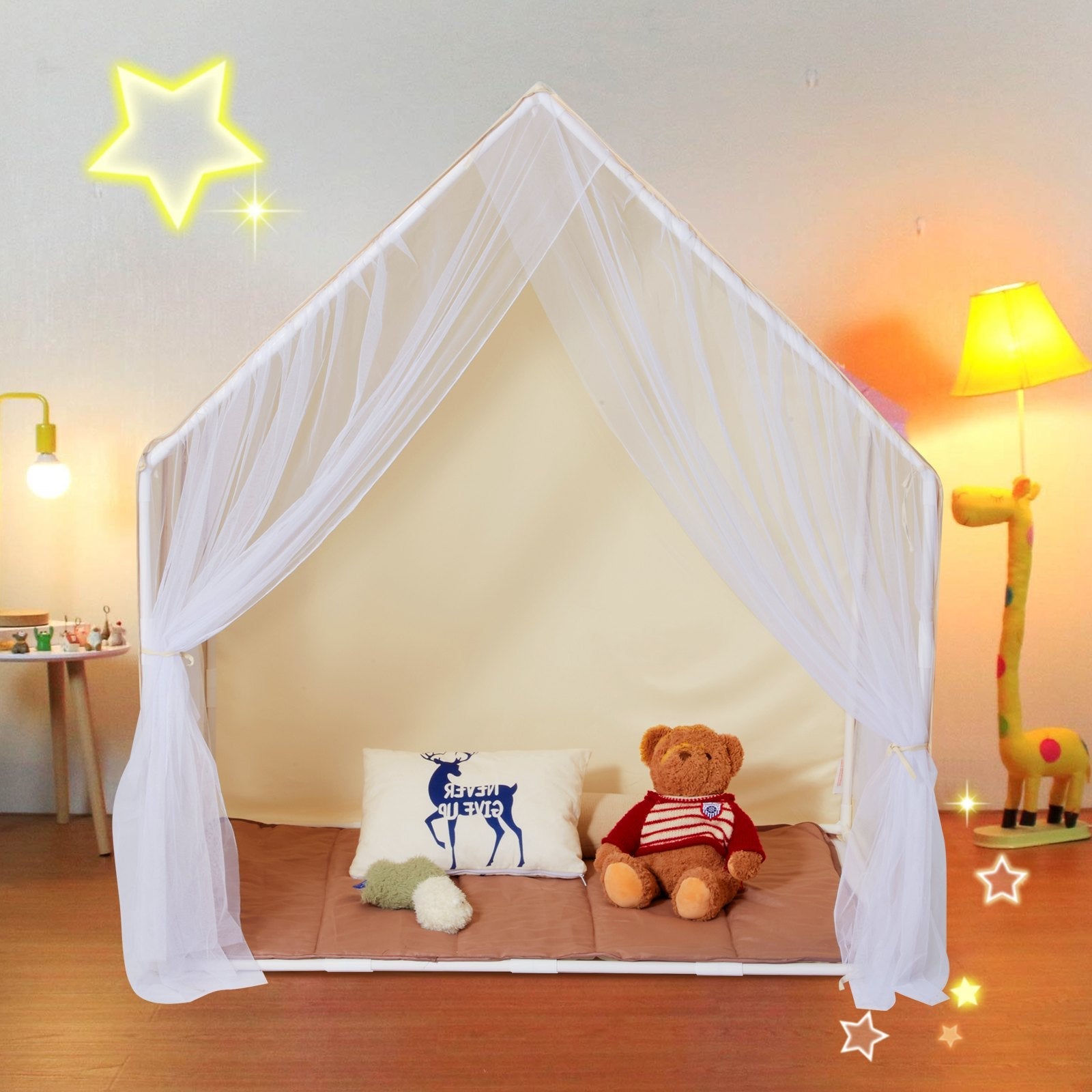 VEVOR Kids Play Tent, Kids Tent for Kids 1-5 Years Old, Toddler Tent with Mat and Tent Lamp, Tent for Kids with Windows for Indoor and Outdoor, Yurt Tent for Boys and Girls, Beige 