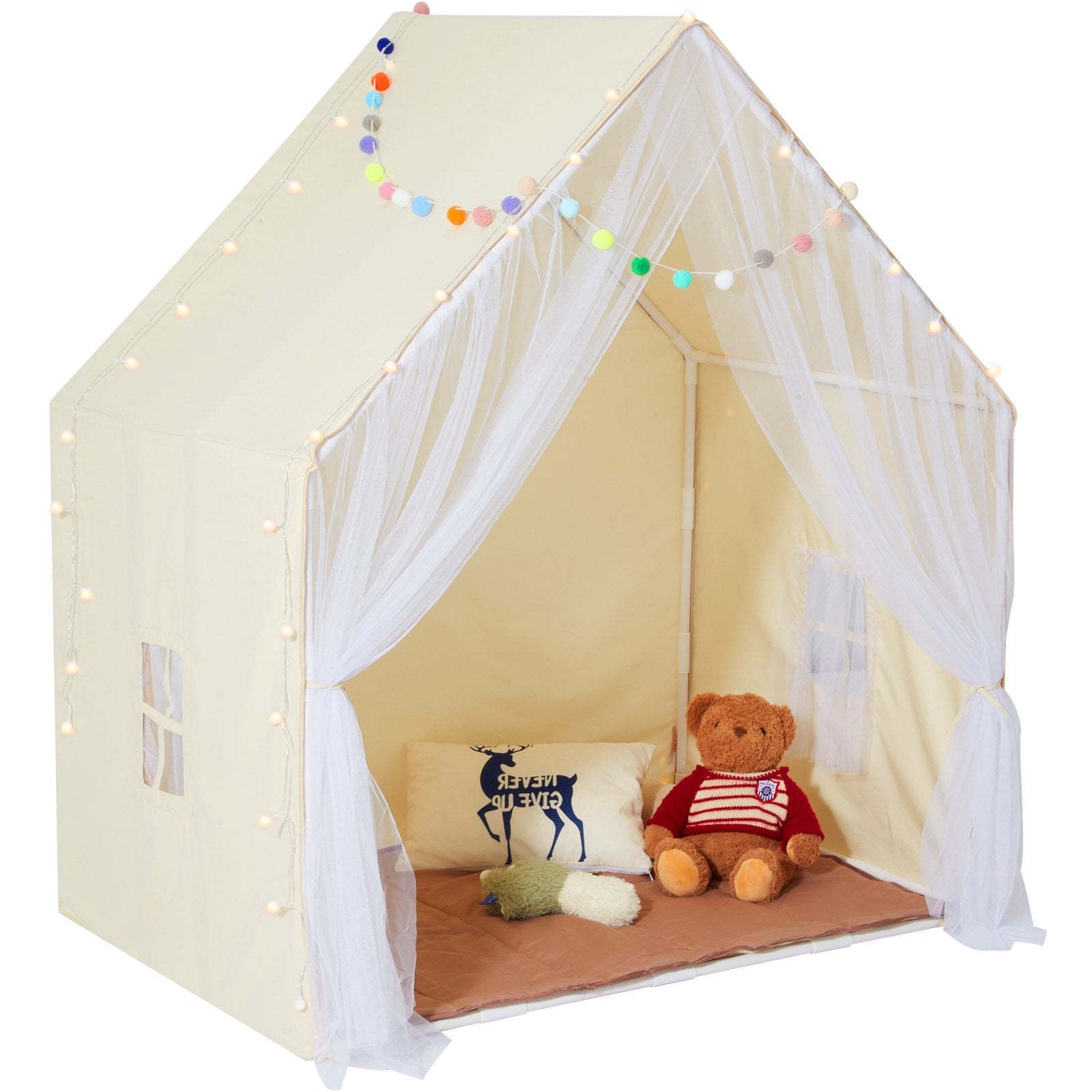VEVOR Kids Play Tent, Kids Tent for Kids 1-5 Years Old, Toddler Tent with Mat and Tent Lamp, Tent for Kids with Windows for Indoor and Outdoor, Yurt Tent for Boys and Girls, Beige 