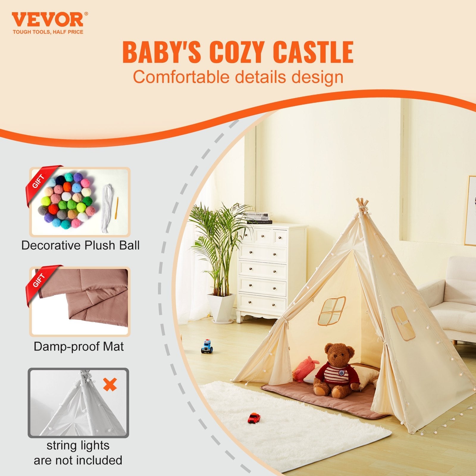 VEVOR Kids Play Tent, Teepee Tent for Kids 1-5 Years Old, Toddler Tent with Mat and Plush Decorative Balls, Tent for Kids with Windows for Indoor and Outdoor, for Boys and Girls, Beige 