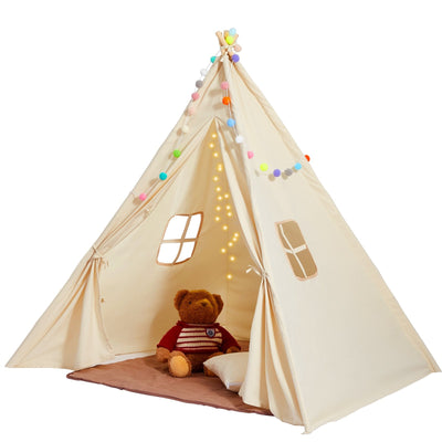 VEVOR Kids Play Tent, Teepee Tent for Kids 1-5 Years Old, Toddler Tent with Mat and Plush Decorative Balls, Tent for Kids with Windows for Indoor and Outdoor, for Boys and Girls, Beige 