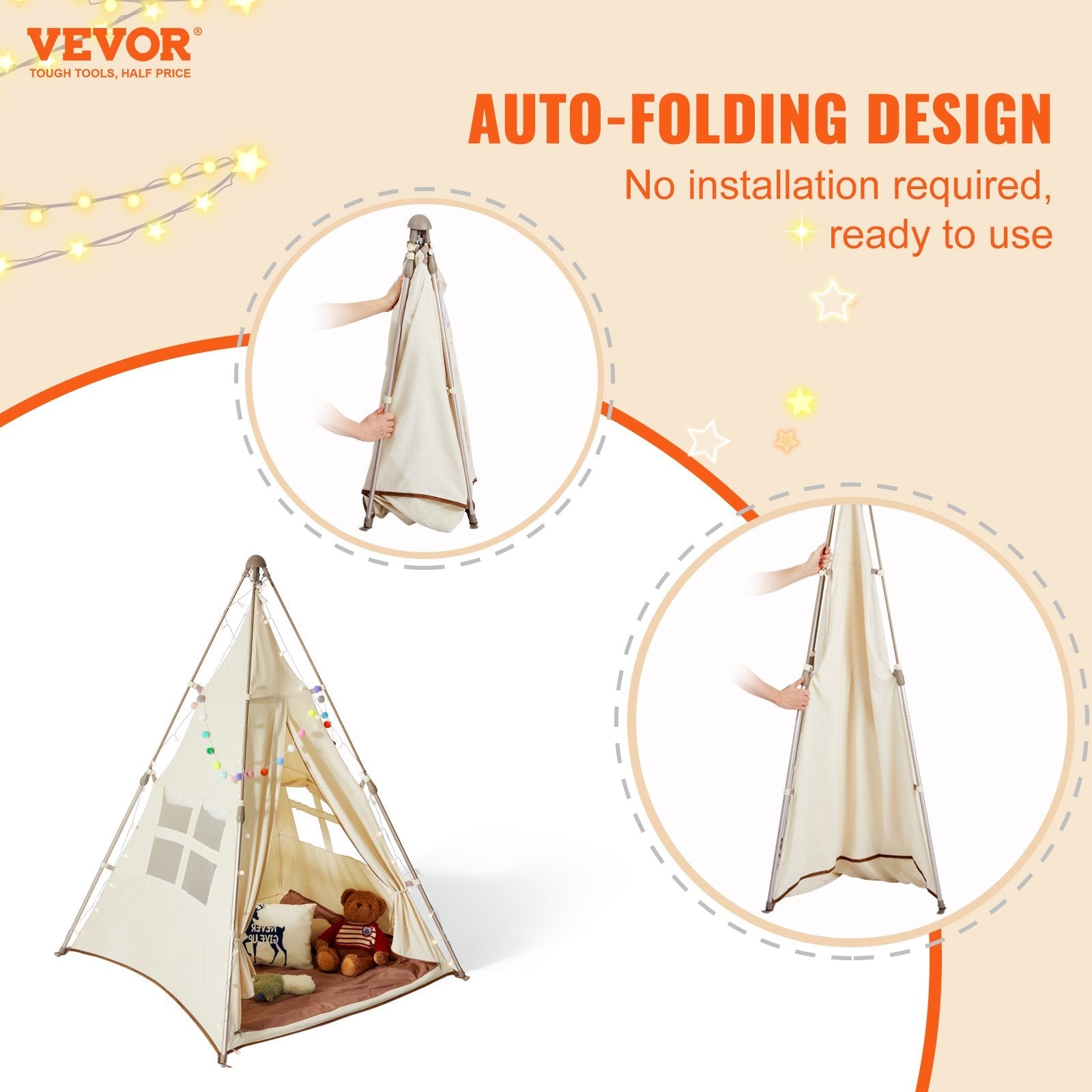 VEVOR Kids Play Tent, Teepee Tent for Kids 1-5 Years Old, Foldable Toddler Tent with Mat and Carrying Bag, Tent for Kids with Windows for Indoor and Outdoor, Kids Tent for Boys and Girls, Beige 