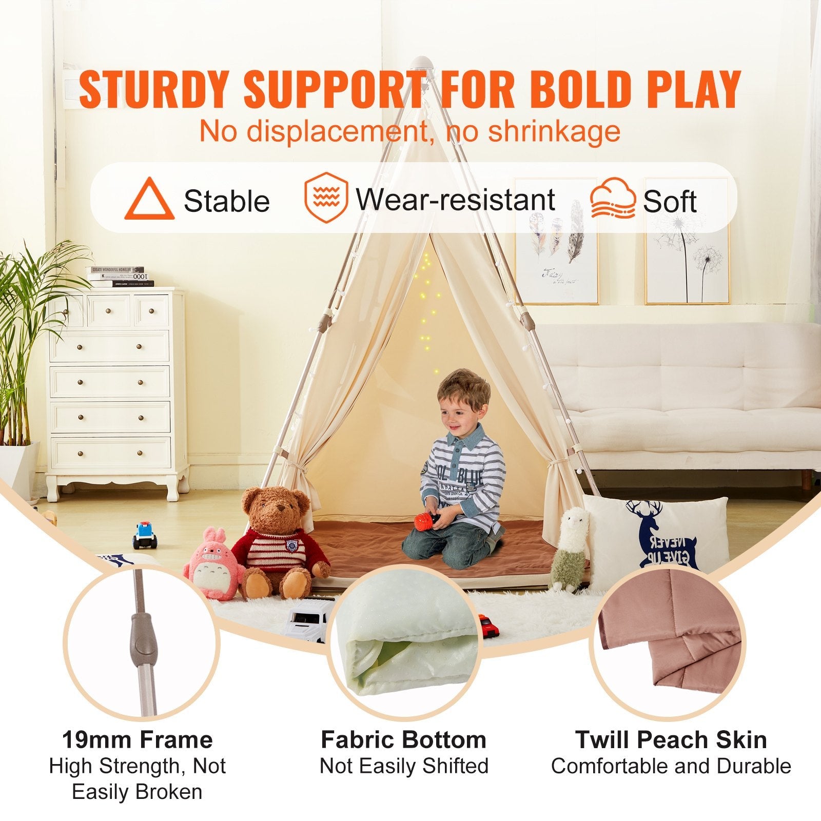 VEVOR Kids Play Tent, Teepee Tent for Kids 1-5 Years Old, Foldable Toddler Tent with Mat and Carrying Bag, Tent for Kids with Windows for Indoor and Outdoor, Kids Tent for Boys and Girls, Beige 