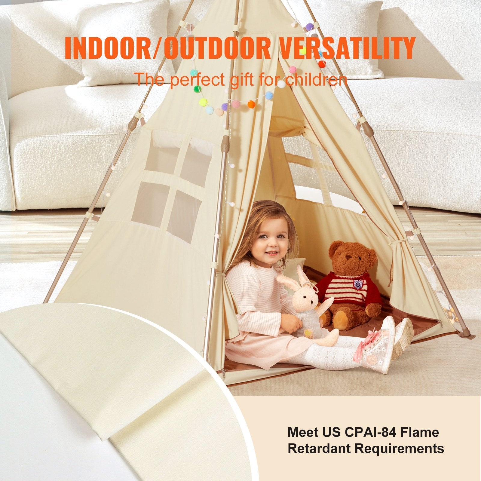 VEVOR Kids Play Tent, Teepee Tent for Kids 1-5 Years Old, Foldable Toddler Tent with Mat and Carrying Bag, Tent for Kids with Windows for Indoor and Outdoor, Kids Tent for Boys and Girls, Beige 