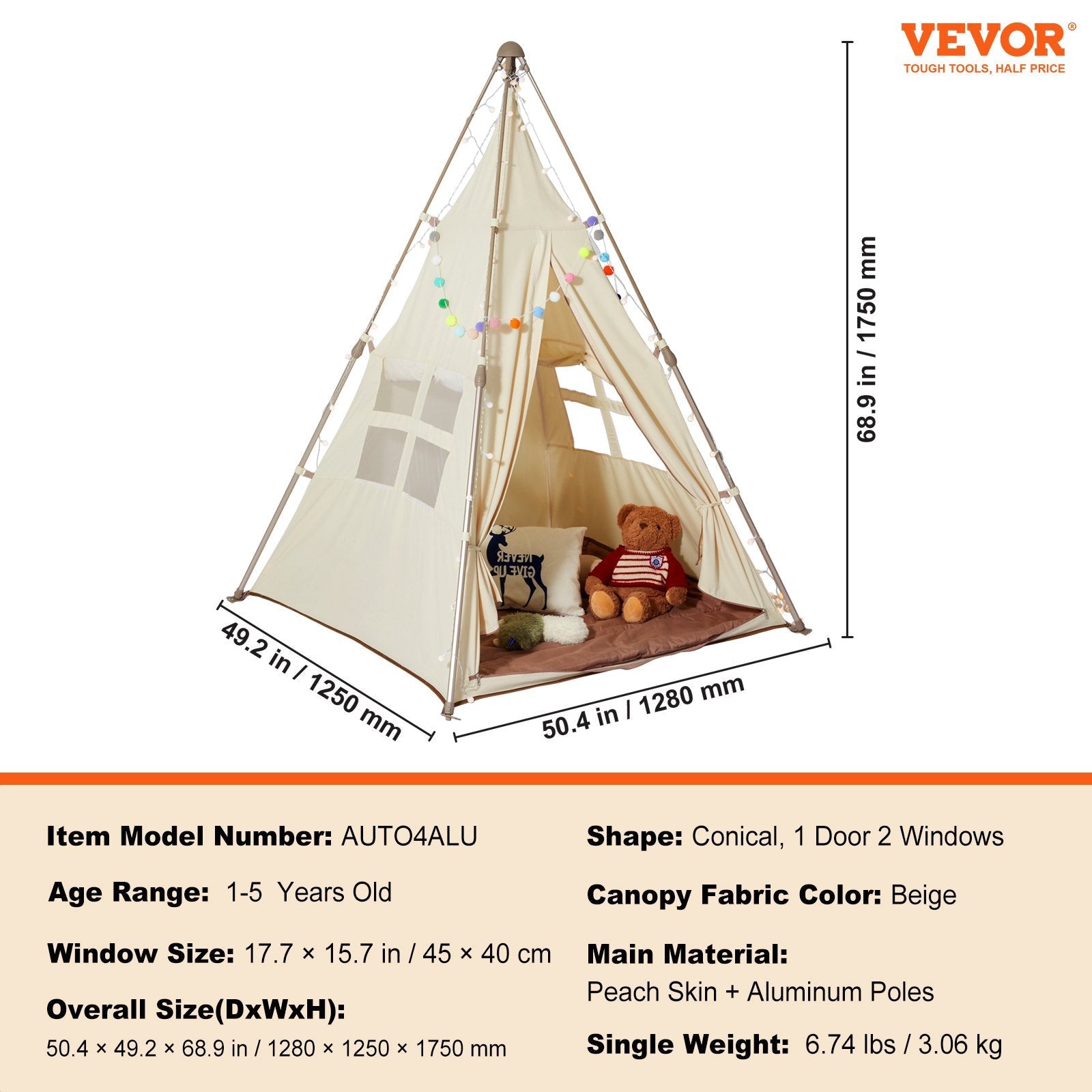 VEVOR Kids Play Tent, Teepee Tent for Kids 1-5 Years Old, Foldable Toddler Tent with Mat and Carrying Bag, Tent for Kids with Windows for Indoor and Outdoor, Kids Tent for Boys and Girls, Beige 