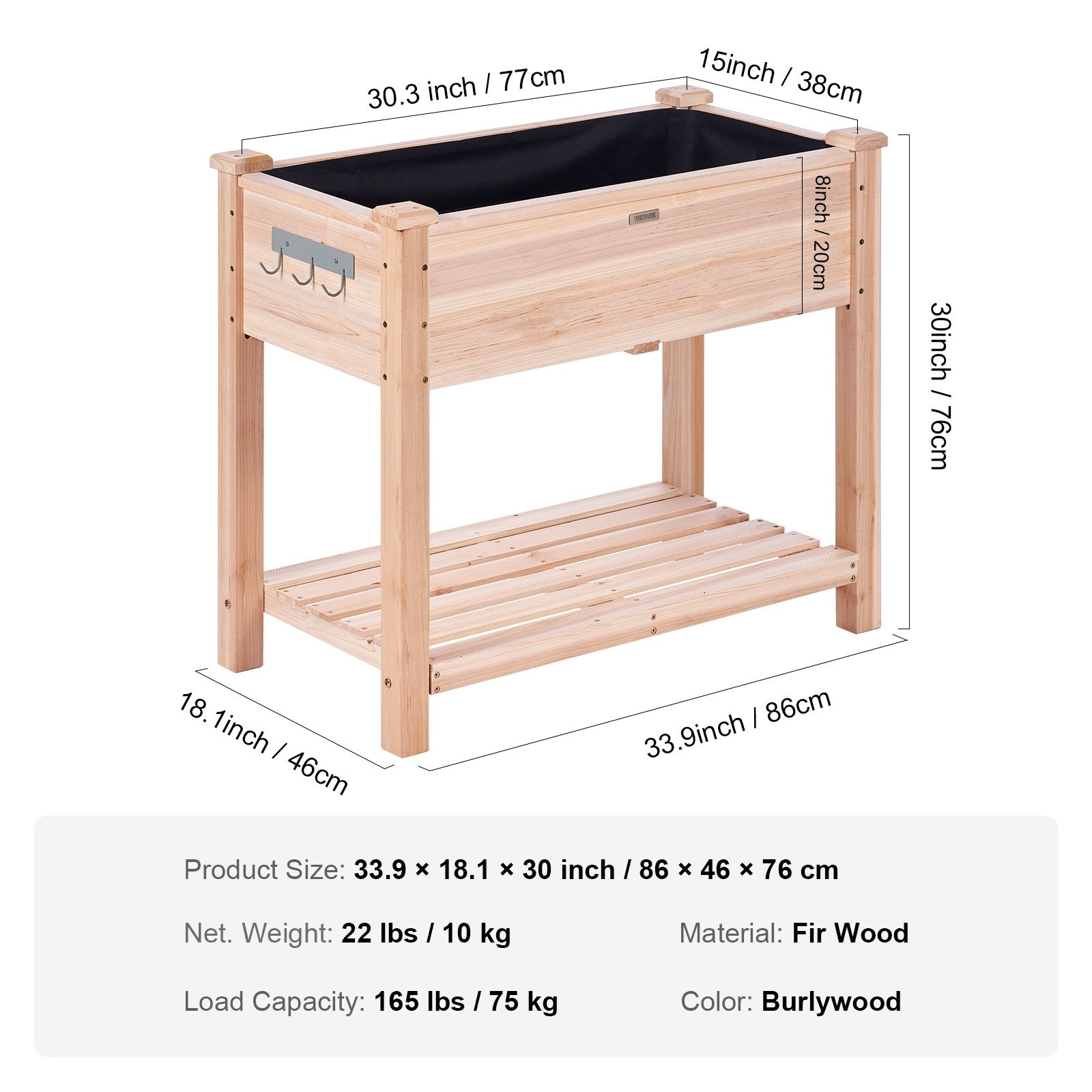VEVOR Wooden Raised Garden Bed Planter Box 33.9x18.1x30" Flower Vegetable Herb 