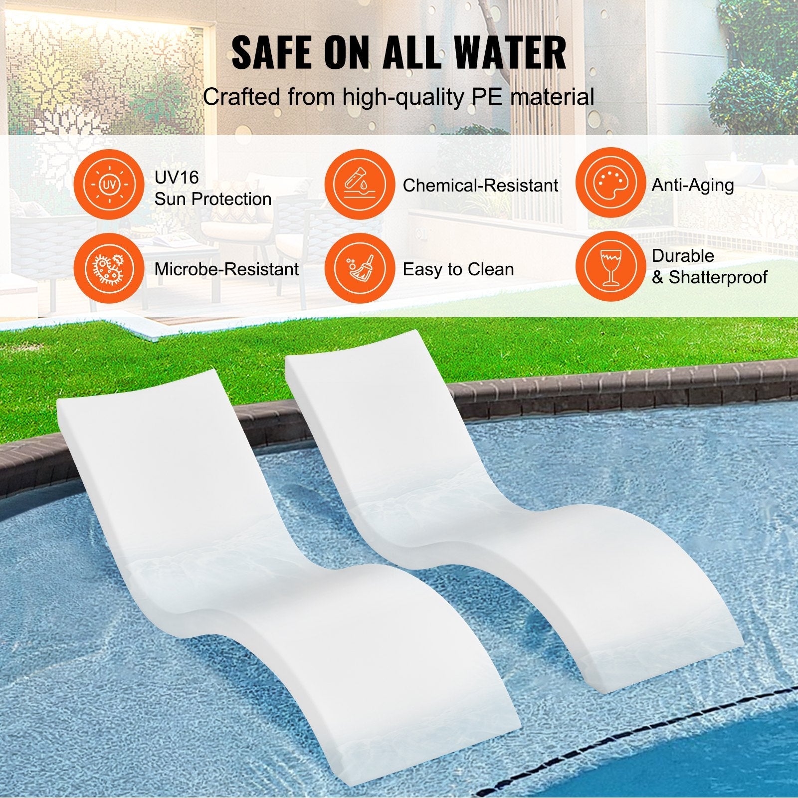 VEVOR in-Pool Lounge Chairs, Set of 2 Chaise Lounger, Inside Pool Lounge Chairs for Water Depths up to 9", Fixed in Pools & Floating on Water, All Pool Types, Poolside & Sun Deck Tanning 