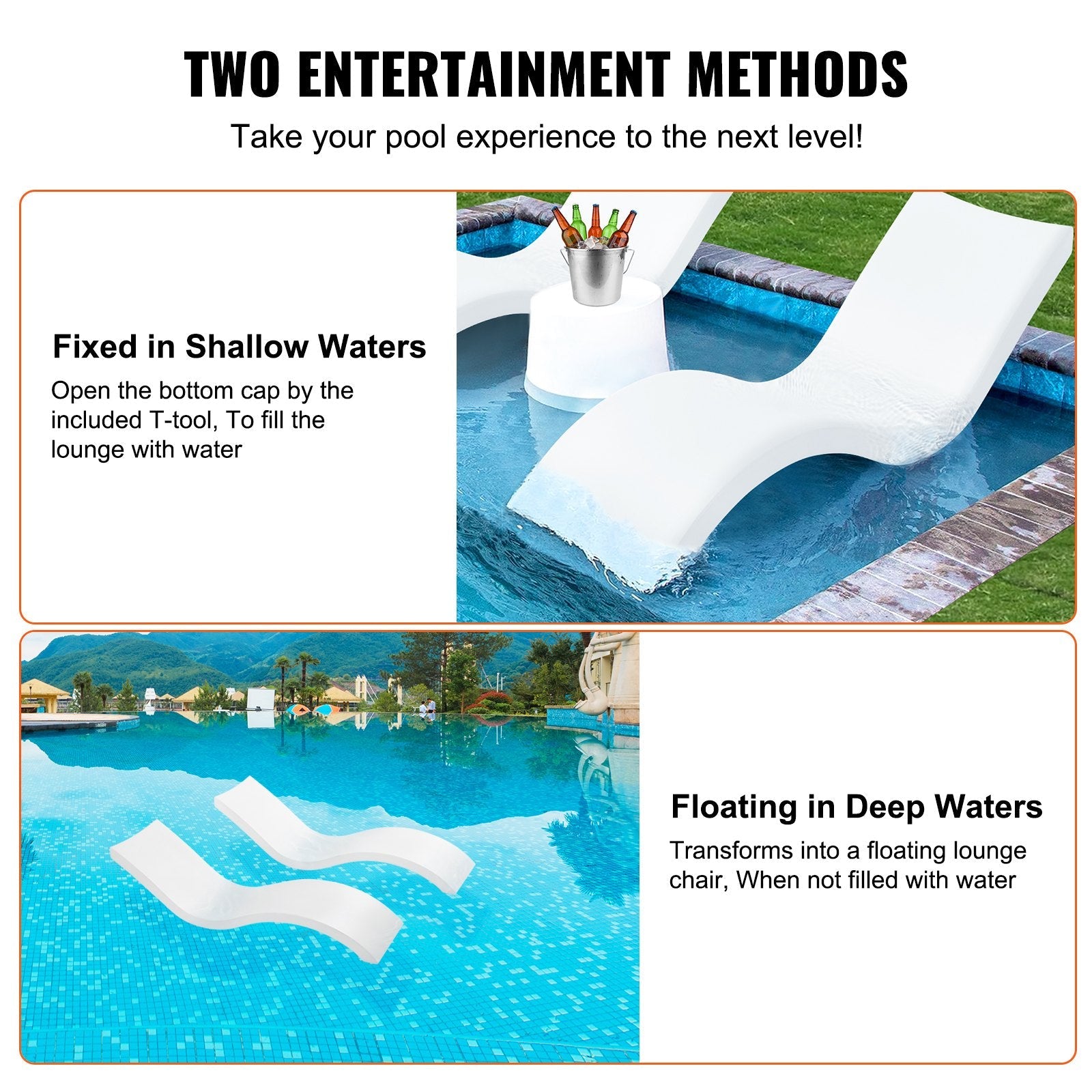 VEVOR in-Pool Lounge Chairs, Set of 2 Chaise Lounger, Inside Pool Lounge Chairs for Water Depths up to 9", Fixed in Pools & Floating on Water, All Pool Types, Poolside & Sun Deck Tanning 