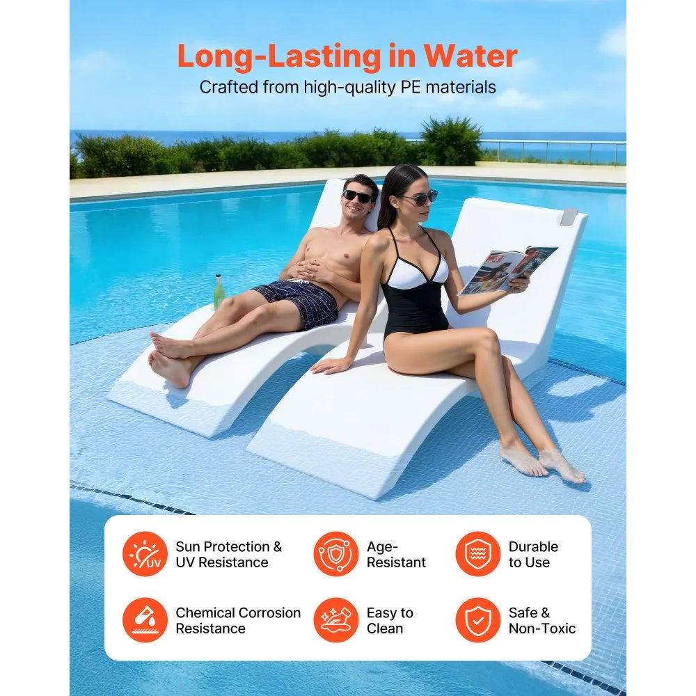 In-Pool Chaise Lounge Chairs Set of 2, Water-Filled Sun Shelf Pool Loungers with Cup & Phone Holder, White