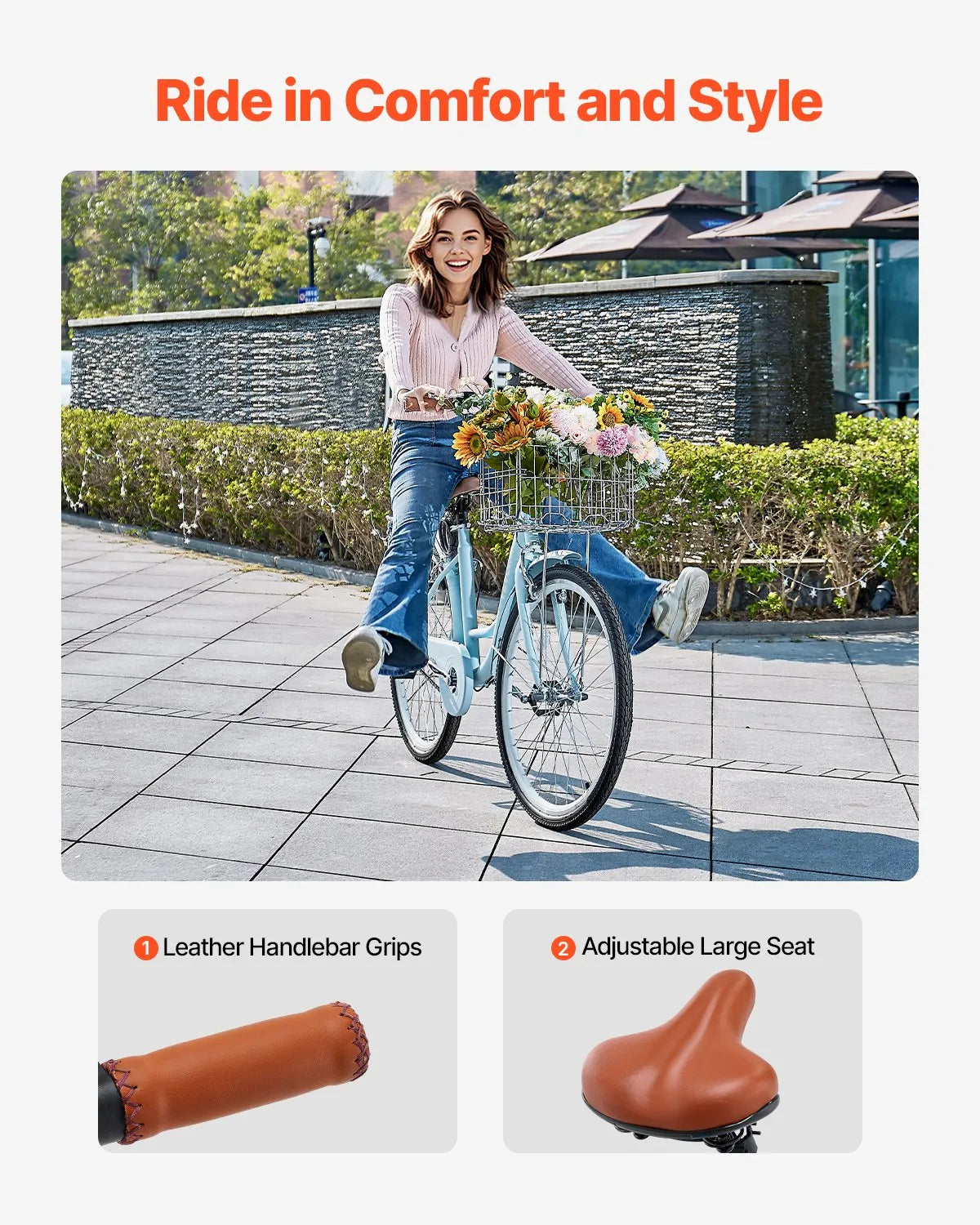 VEVOR Cruiser Bike, 1-Speed, 26-Inch Light Blue Beach Cruiser Bike with Large Capacity Basket and Rear Rack, Secure & Sturdy Cruiser Bike with Adjustable Seat, Fits for Cycling, Exercise & Shopping 