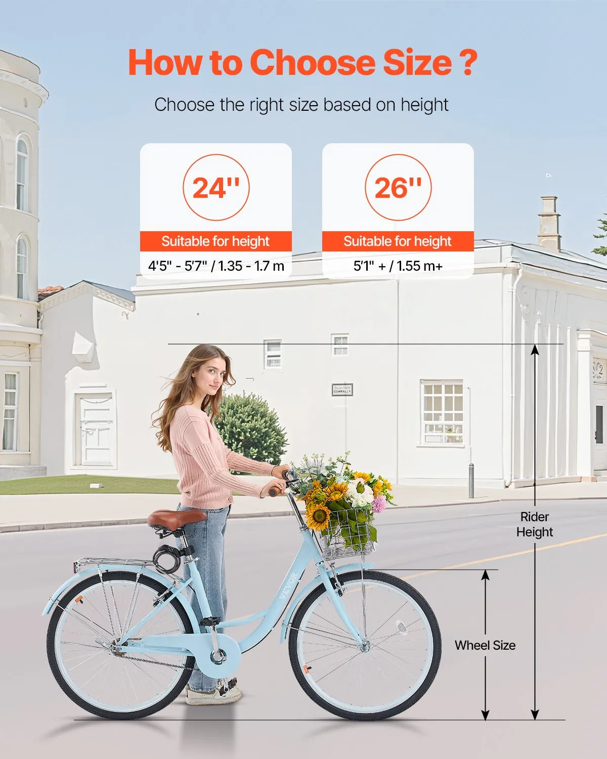 VEVOR Cruiser Bike, 1-Speed, 26-Inch Light Blue Beach Cruiser Bike with Large Capacity Basket and Rear Rack, Secure & Sturdy Cruiser Bike with Adjustable Seat, Fits for Cycling, Exercise & Shopping 