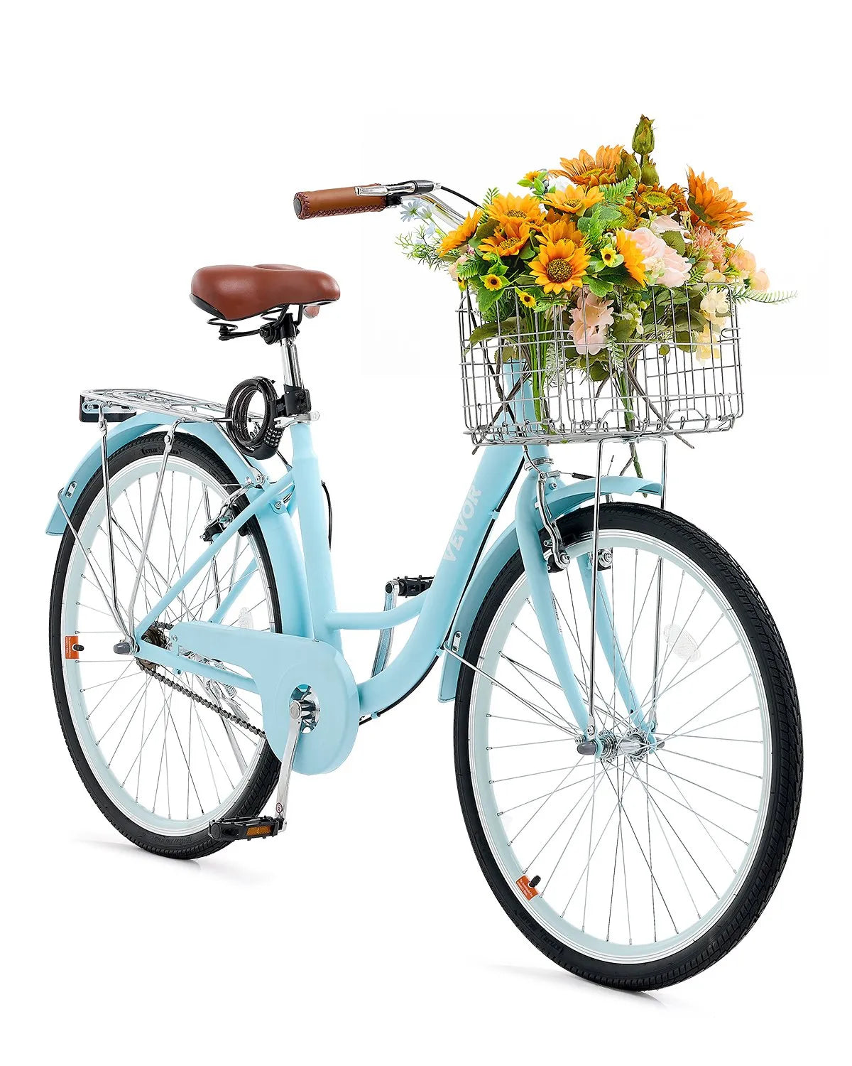 VEVOR Cruiser Bike, 1-Speed, 26-Inch Light Blue Beach Cruiser Bike with Large Capacity Basket and Rear Rack, Secure & Sturdy Cruiser Bike with Adjustable Seat, Fits for Cycling, Exercise & Shopping 