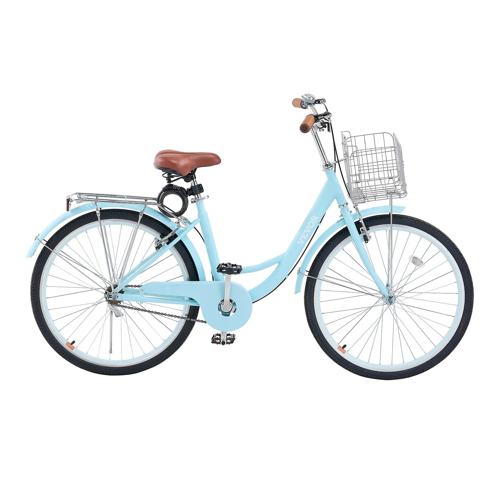 VEVOR Cruiser Bike, 1-Speed, 26-Inch Light Blue Beach Cruiser Bike with Large Capacity Basket and Rear Rack, Secure & Sturdy Cruiser Bike with Adjustable Seat, Fits for Cycling, Exercise & Shopping 