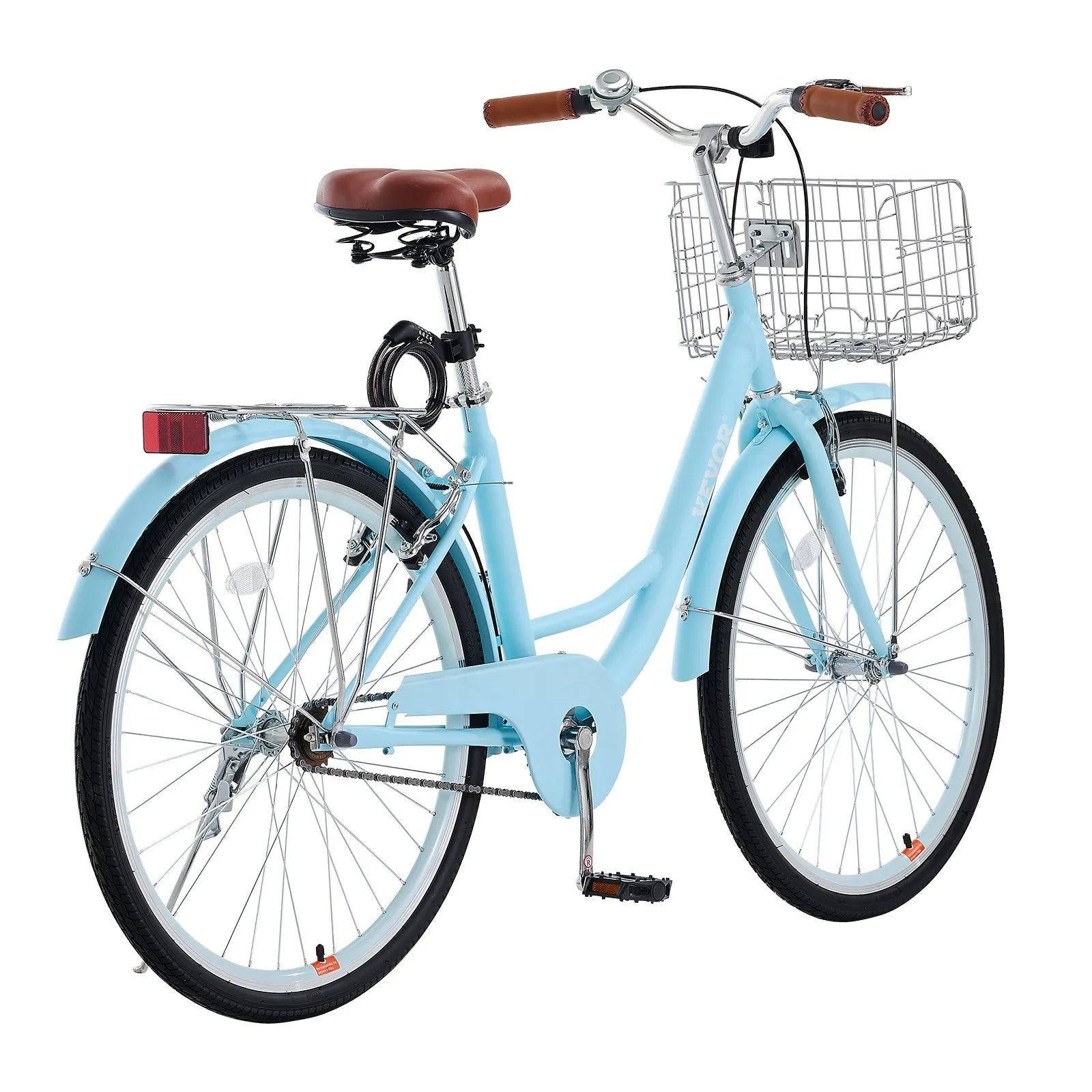 VEVOR Cruiser Bike, 1-Speed, 26-Inch Light Blue Beach Cruiser Bike with Large Capacity Basket and Rear Rack, Secure & Sturdy Cruiser Bike with Adjustable Seat, Fits for Cycling, Exercise & Shopping 