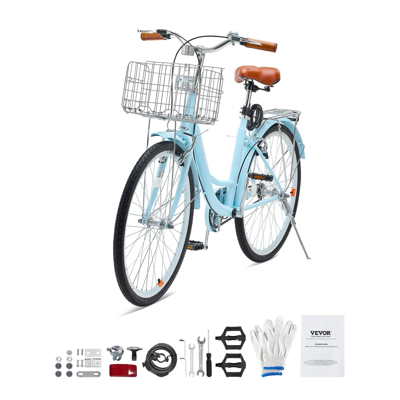 VEVOR Cruiser Bike, 1-Speed, 26-Inch Light Blue Beach Cruiser Bike with Large Capacity Basket and Rear Rack, Secure & Sturdy Cruiser Bike with Adjustable Seat, Fits for Cycling, Exercise & Shopping 
