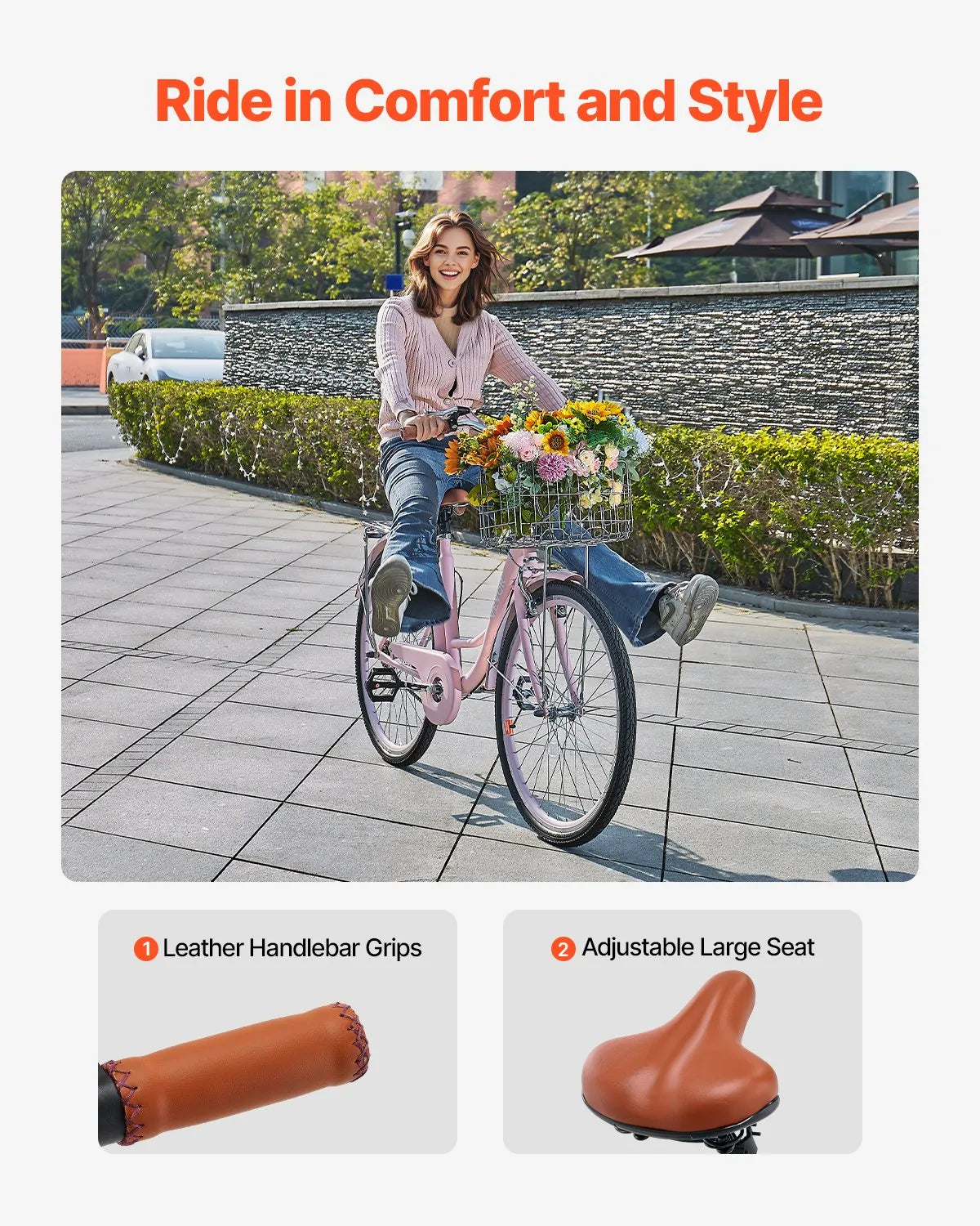 VEVOR Cruiser Bike, 1-Speed, 26-Inch Pink Beach Cruiser Bike with Large Capacity Basket and Rear Rack, Secure & Sturdy Cruiser Bike with Adjustable Seat, Fits for Cycling, Exercise & Shopping 