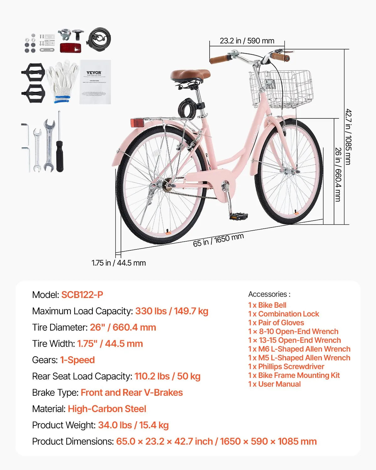 VEVOR Cruiser Bike, 1-Speed, 26-Inch Pink Beach Cruiser Bike with Large Capacity Basket and Rear Rack, Secure & Sturdy Cruiser Bike with Adjustable Seat, Fits for Cycling, Exercise & Shopping 
