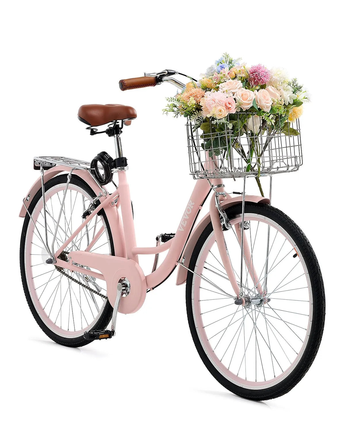 VEVOR Cruiser Bike, 1-Speed, 26-Inch Pink Beach Cruiser Bike with Large Capacity Basket and Rear Rack, Secure & Sturdy Cruiser Bike with Adjustable Seat, Fits for Cycling, Exercise & Shopping 