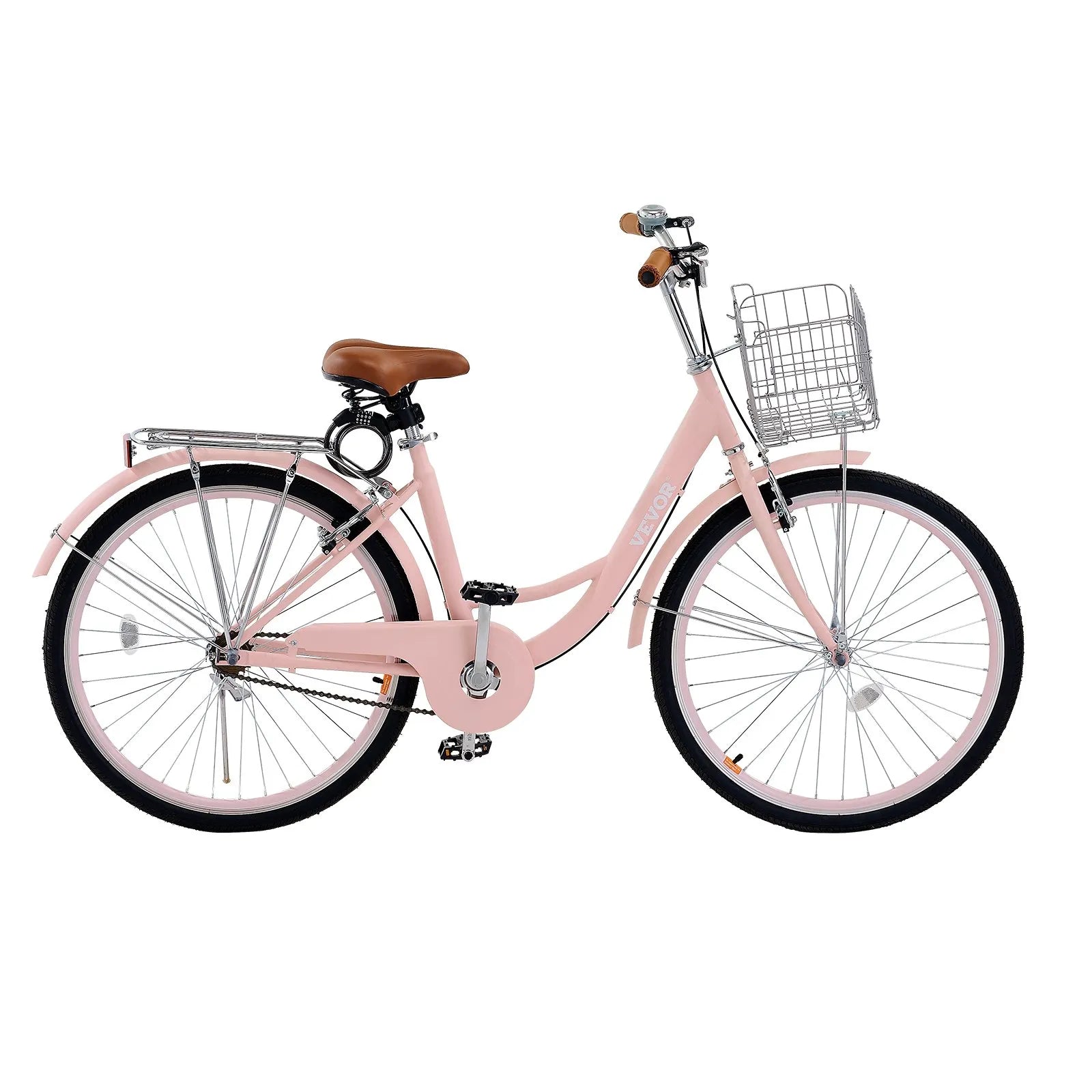 VEVOR Cruiser Bike, 1-Speed, 26-Inch Pink Beach Cruiser Bike with Large Capacity Basket and Rear Rack, Secure & Sturdy Cruiser Bike with Adjustable Seat, Fits for Cycling, Exercise & Shopping 