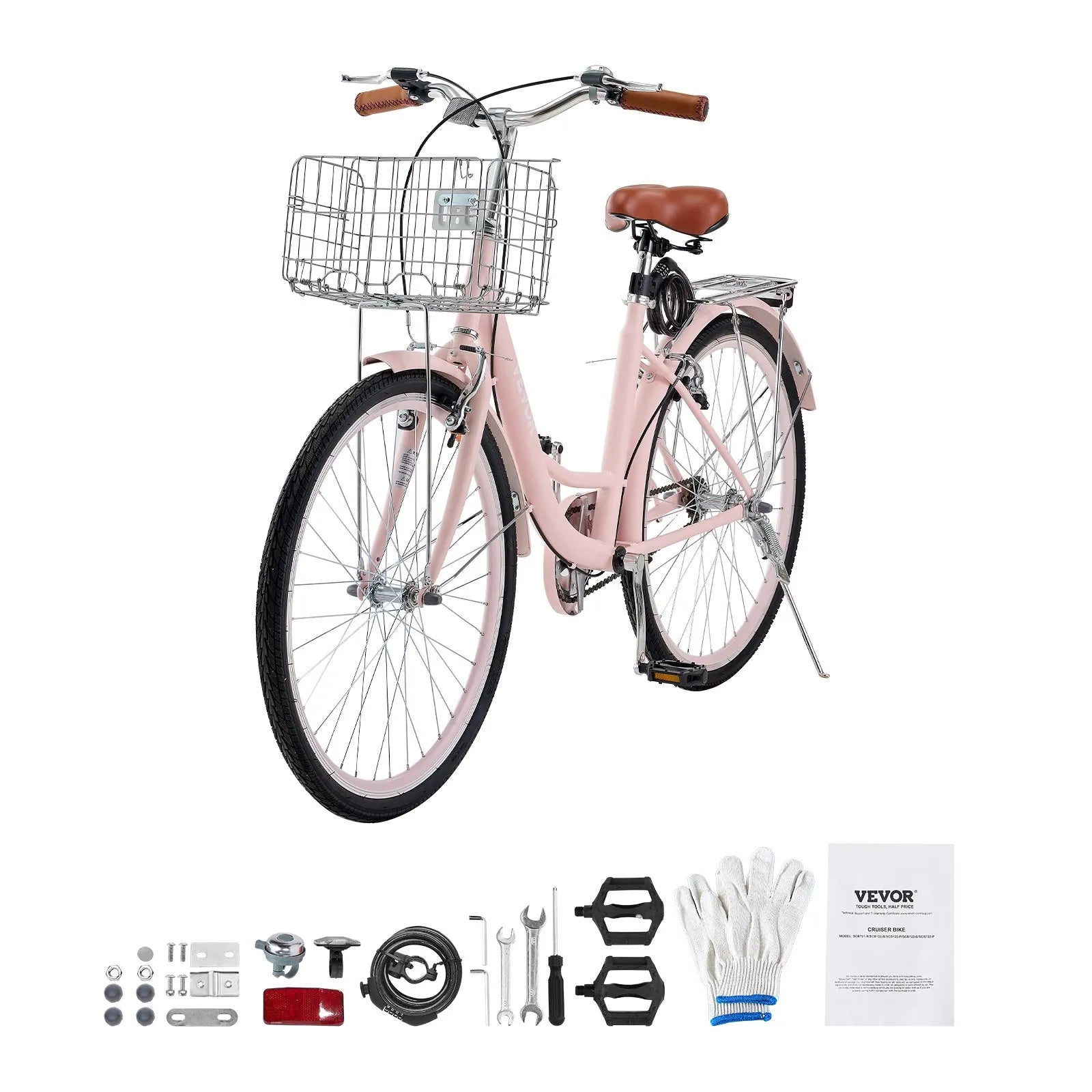 VEVOR Cruiser Bike, 1-Speed, 26-Inch Pink Beach Cruiser Bike with Large Capacity Basket and Rear Rack, Secure & Sturdy Cruiser Bike with Adjustable Seat, Fits for Cycling, Exercise & Shopping 