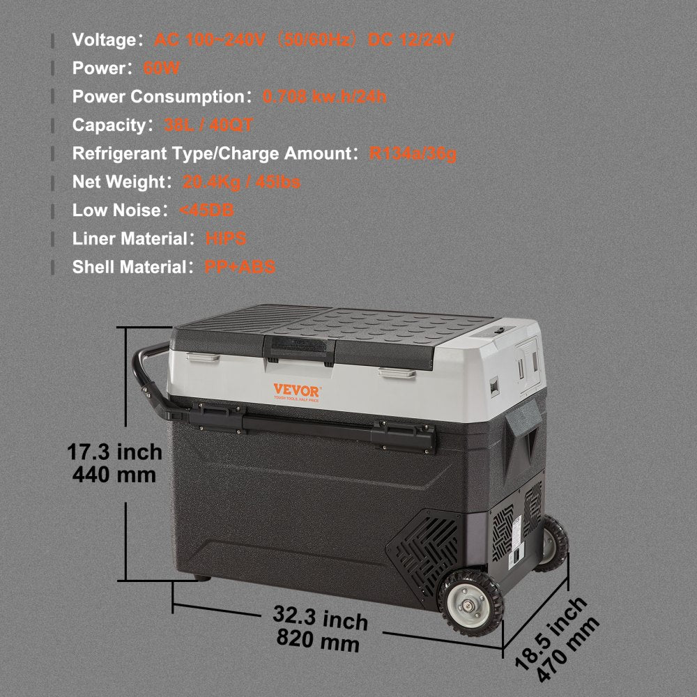 VEVOR Car Refrigerator, 12 Volt Car Refrigerator Fridge, 40QT/38L Dual Zone Portable Freezer, -4?-50? Adjustable Range, 12/24V DC and 100-240V AC Compressor Cooler for Outdoor, Camping, Travel, RV 