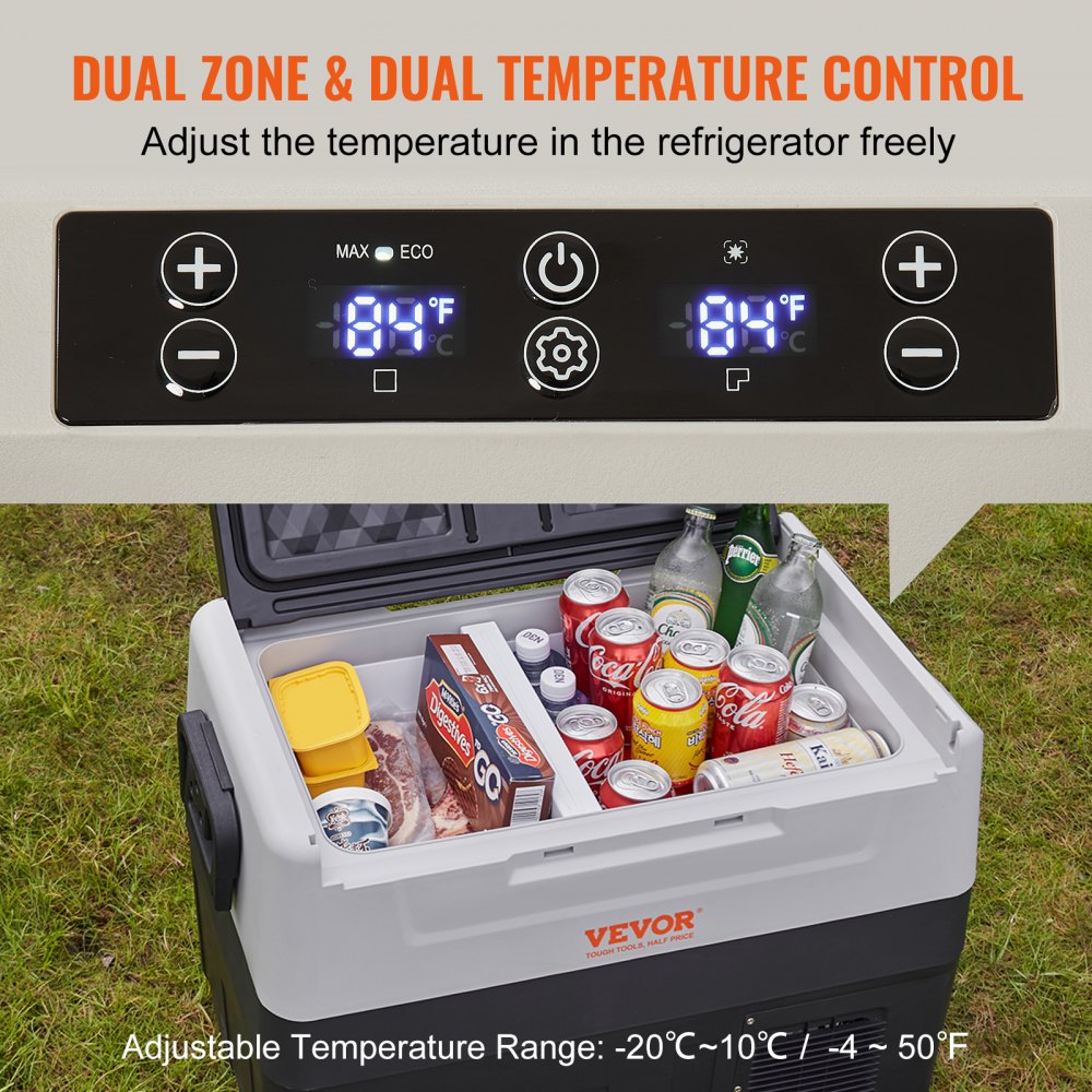 VEVOR Car Refrigerator, 12 Volt Car Refrigerator Fridge, 48 QT/45 L Dual Zone Portable Freezer, -4?-50? Adjustable Range, 12/24V DC and 100-240V AC Compressor Cooler for Outdoor, Camping, Travel, RV 