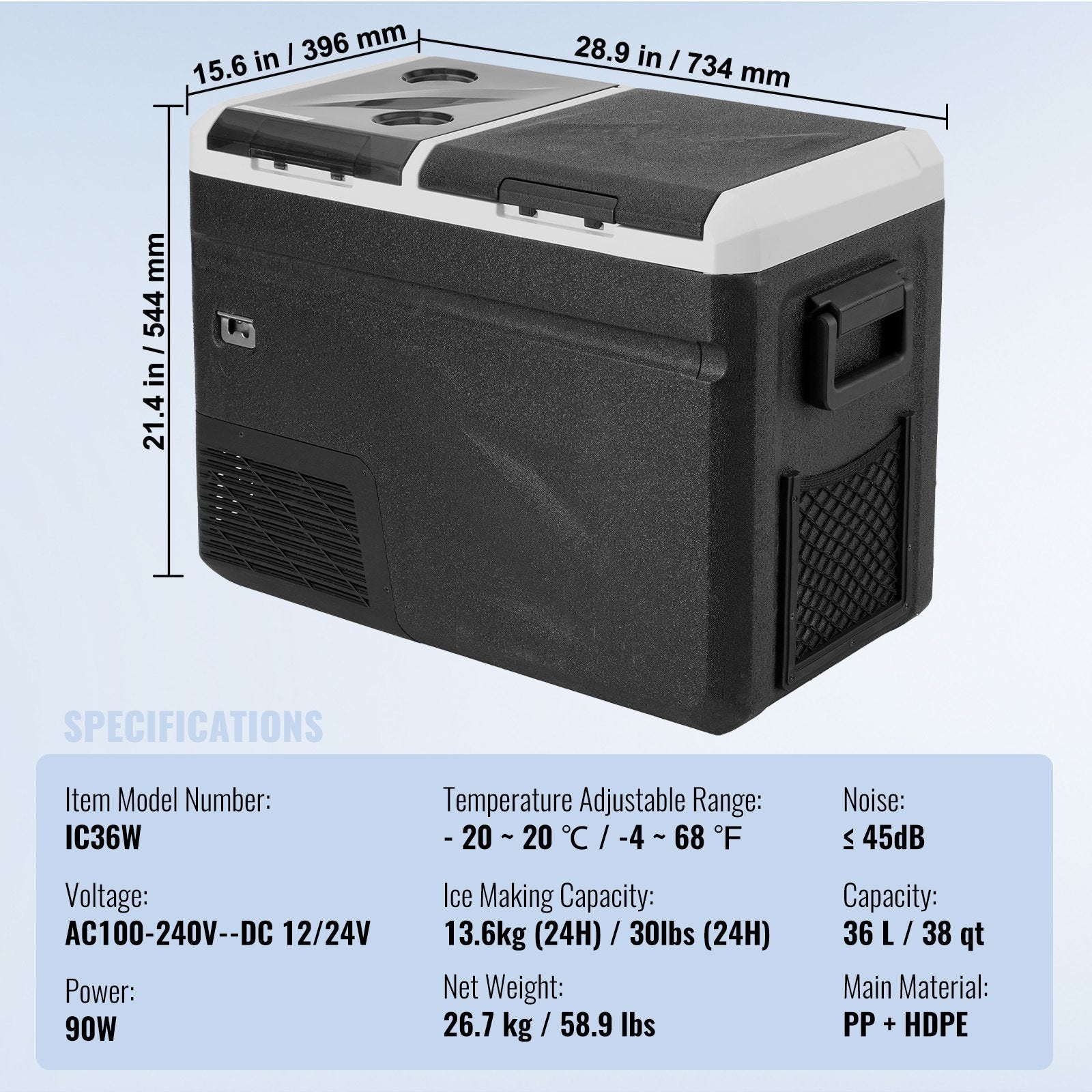 VEVOR Portable Car Refrigerator Freezer w/ Ice Making Function 38QT Dual Zone 