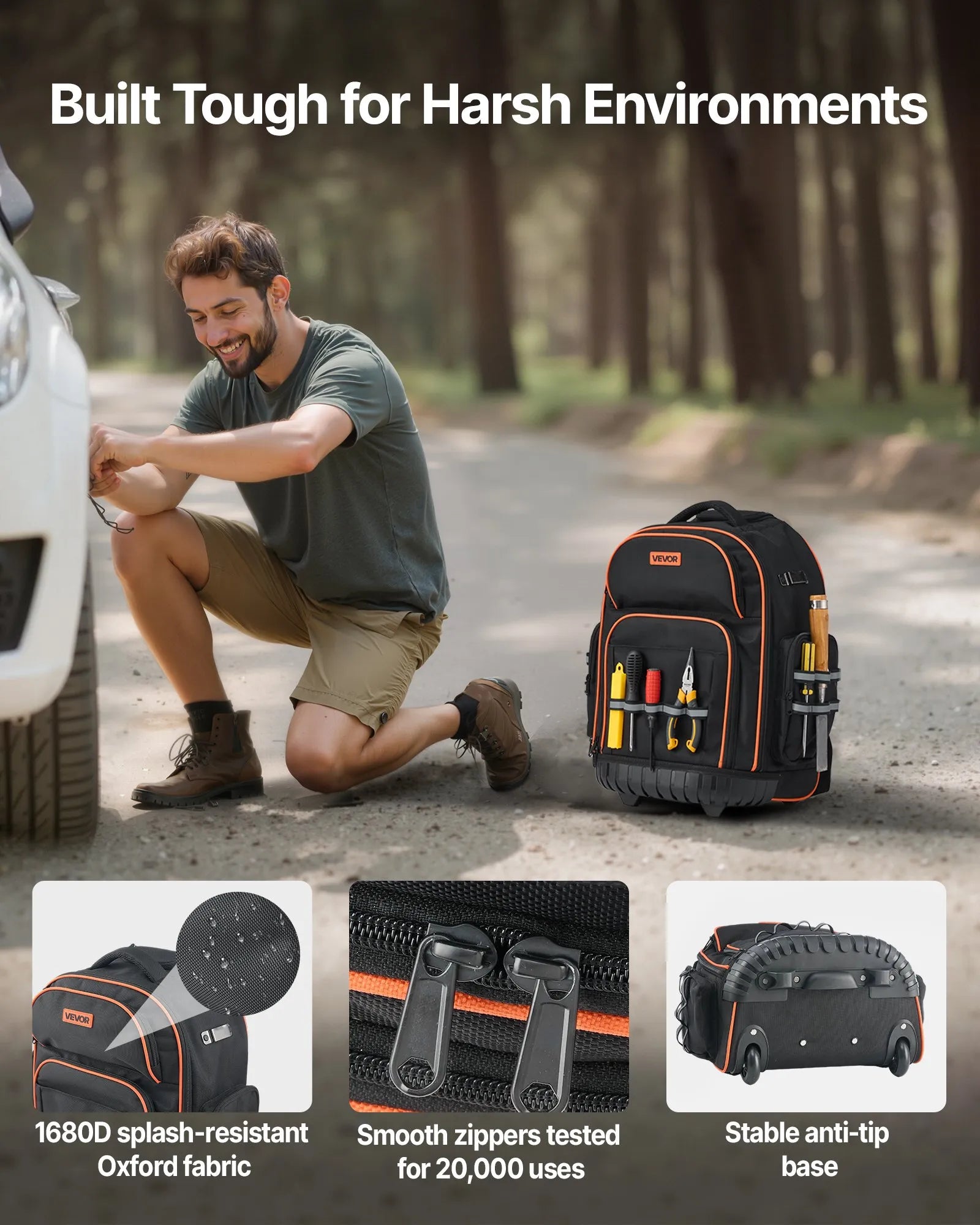 VEVOR Rolling Tool Backpack 45 Pockets Heavy Duty Roller Tool Bag on Wheels