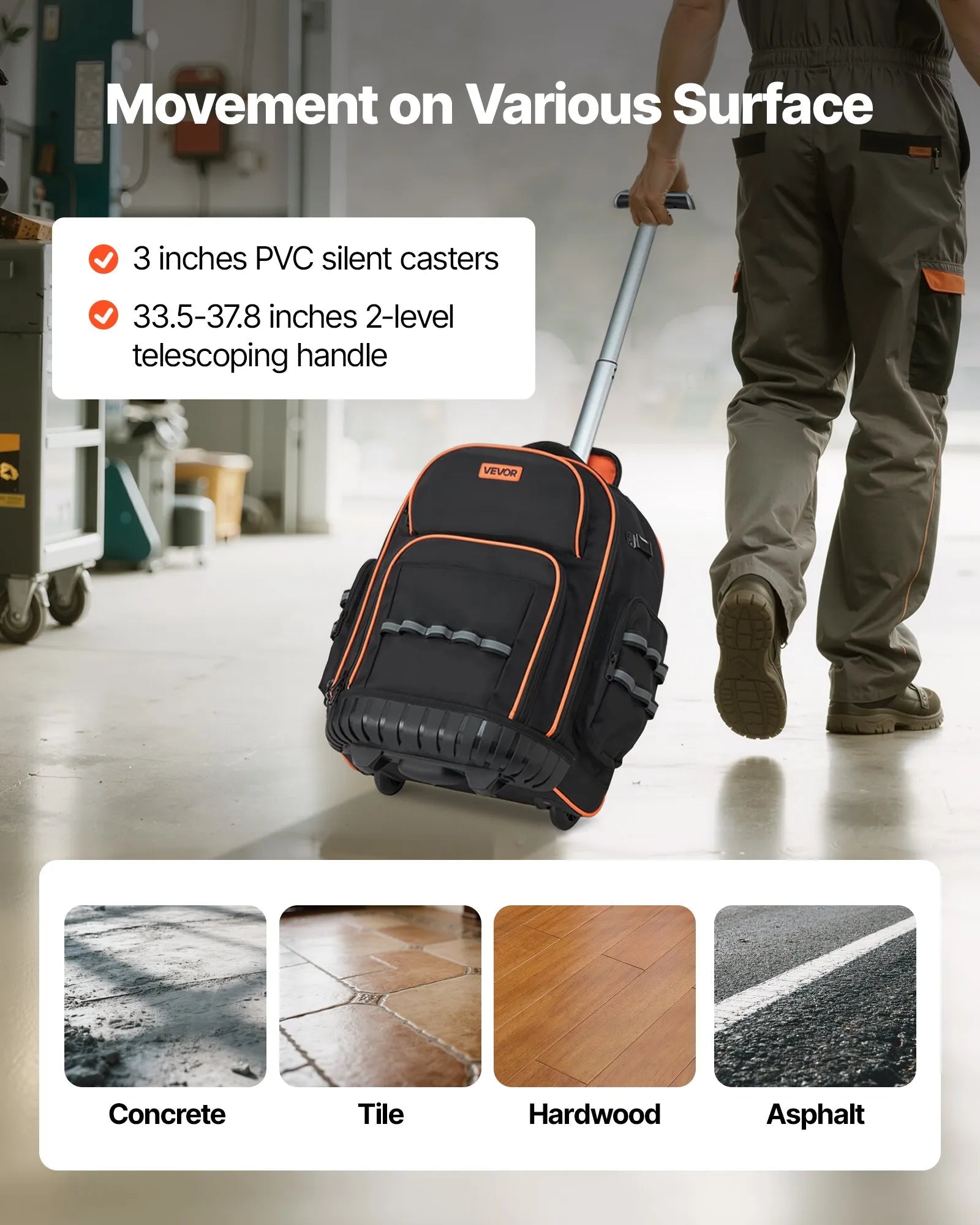 VEVOR Rolling Tool Backpack 45 Pockets Heavy Duty Roller Tool Bag on Wheels
